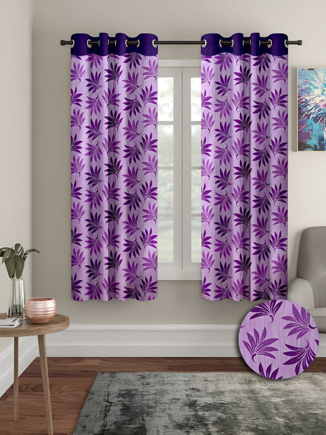 Aura Lavender 2Pcs Floral Window Eyelet Curtains