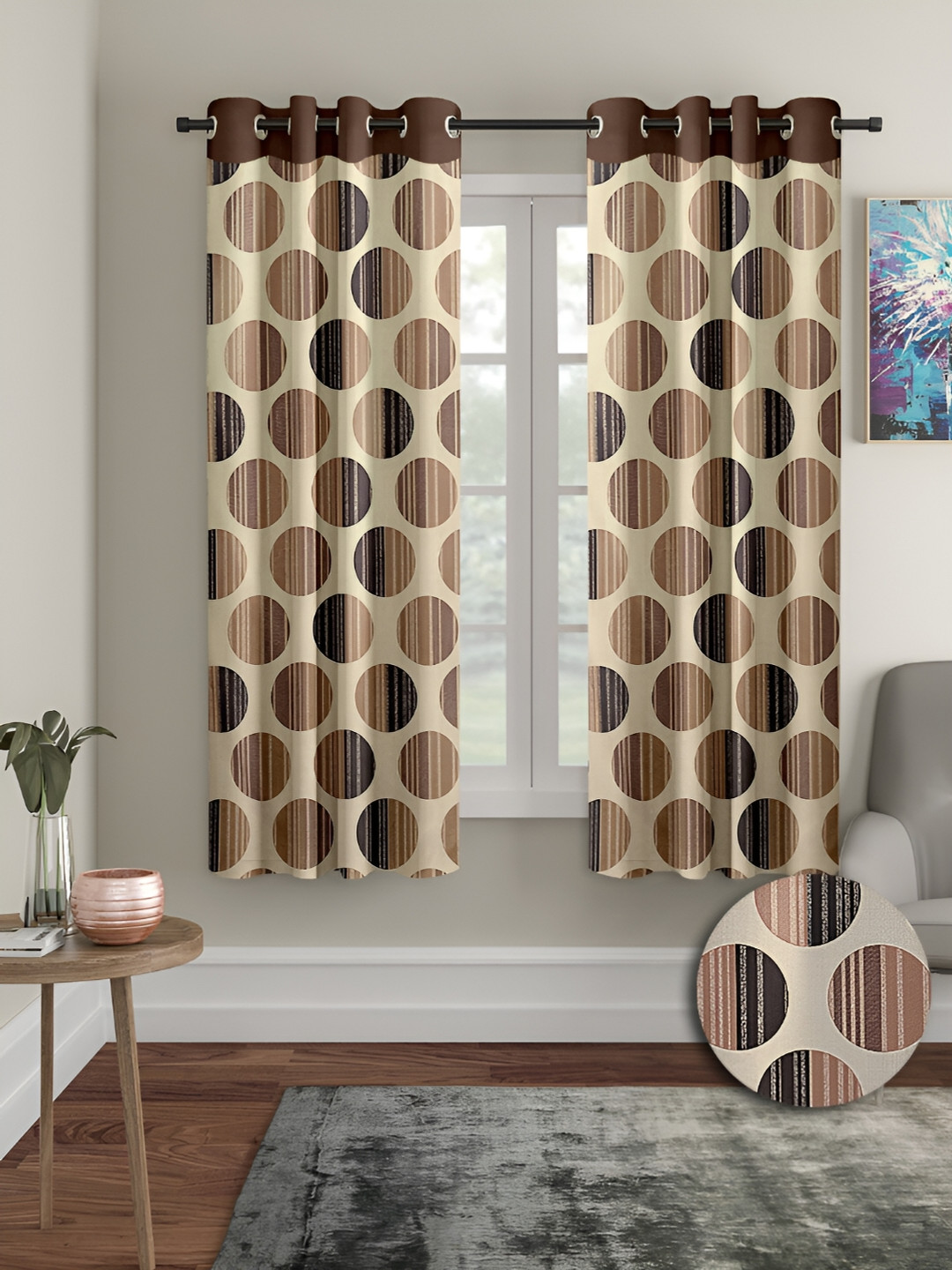 Aura Brown & Cream Coloured 2 Pieces Geometric Window Curtains