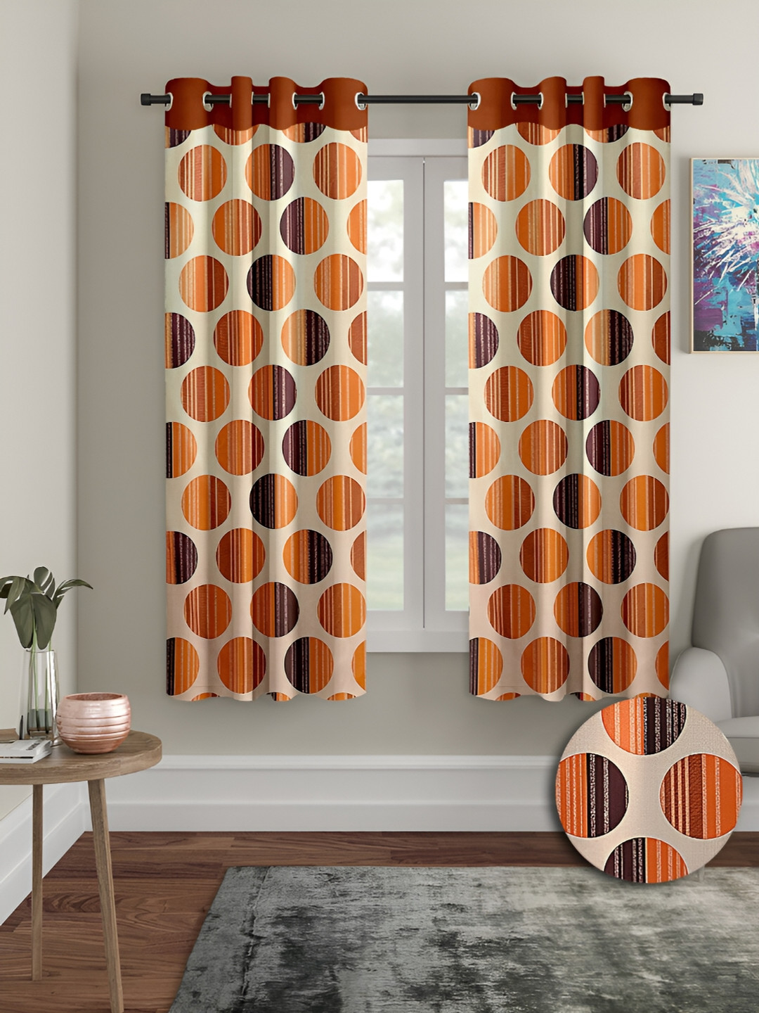 Aura Orange & Cream-Coloured 2 Pieces Geometric Printed Eyelet Window Curtains