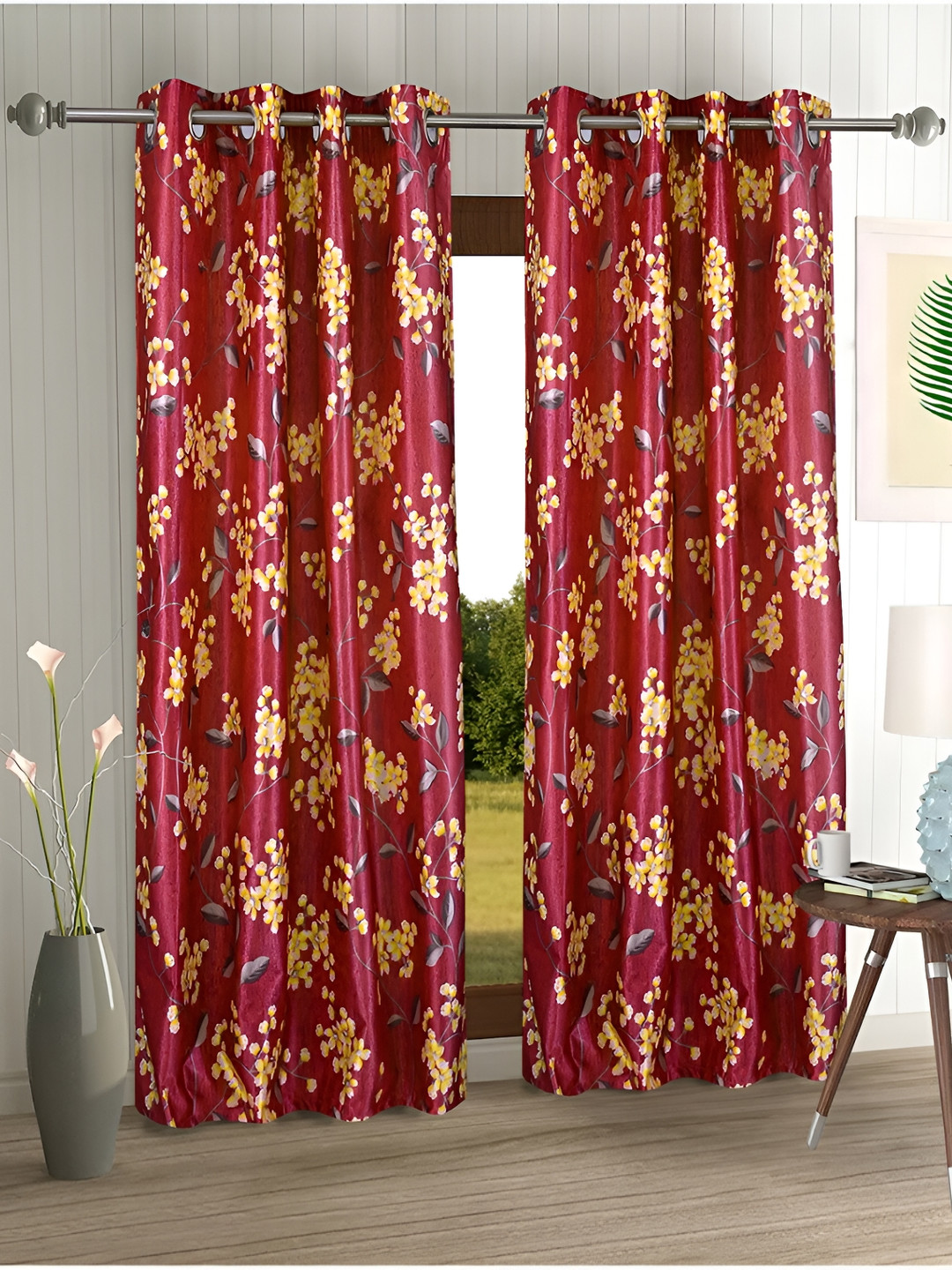 Aura Red & Yellow 2 Pieces Floral Regular Long Door Curtains