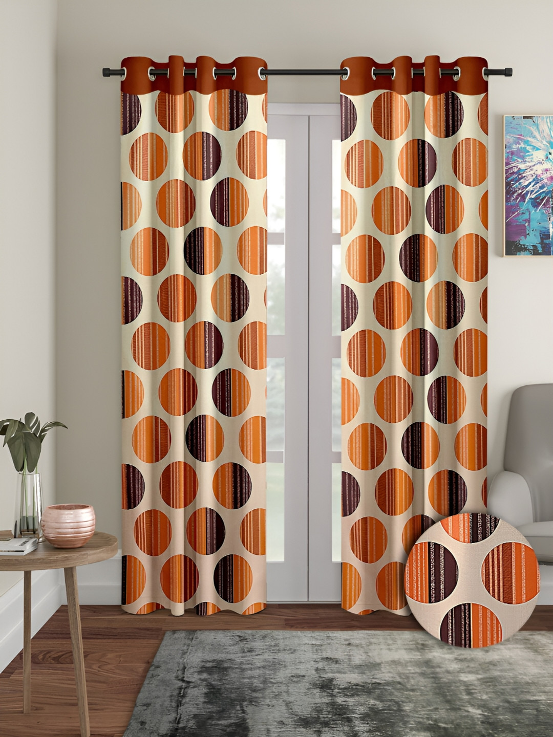 Aura Orange & Cream 2 Pieces Geometric Regular Long Door Curtains