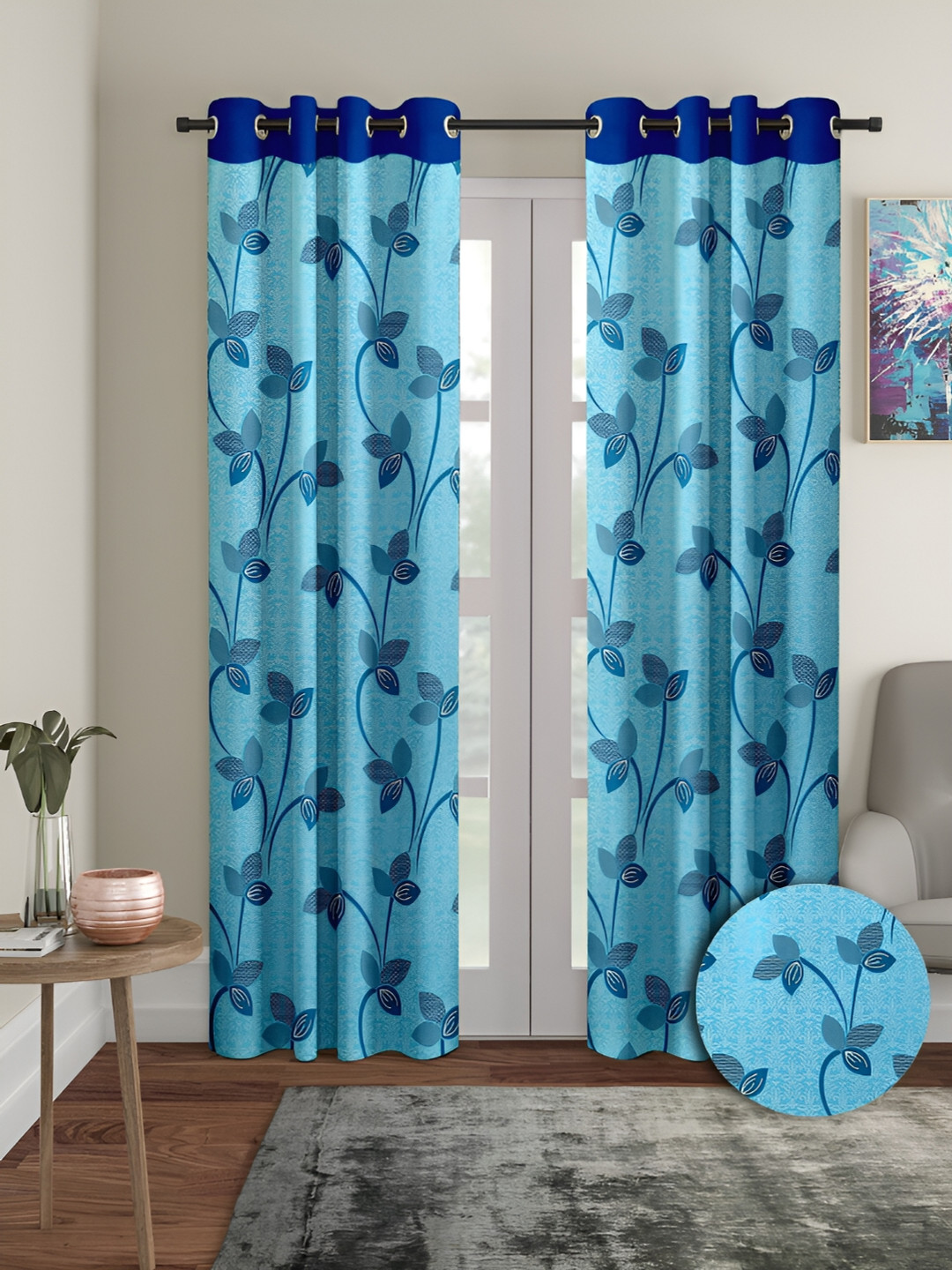 Aura Blue 2 Pieces Floral Door Curtains
