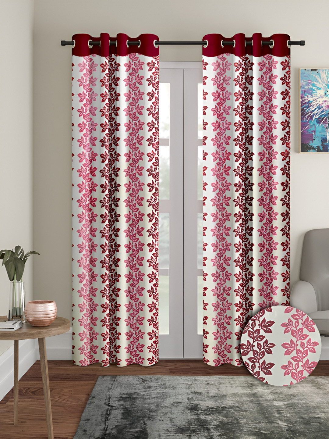 Aura Red & Cream-Coloured 2 Pieces Floral Printed Eyelet Long Door Curtain