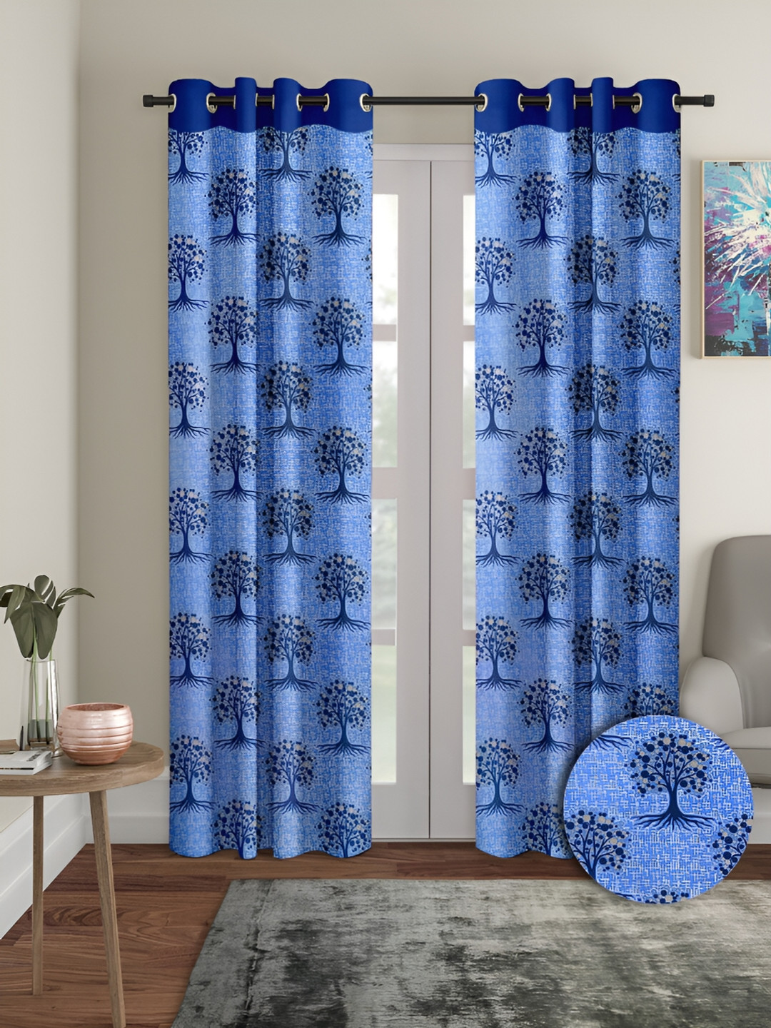 Aura Blue 2 Pieces Floral Door Curtains