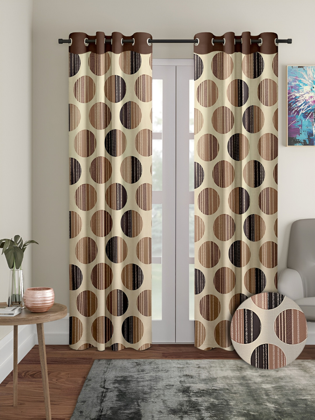 Aura Brown & Cream 2 Pieces Geometric Regular Door Curtains