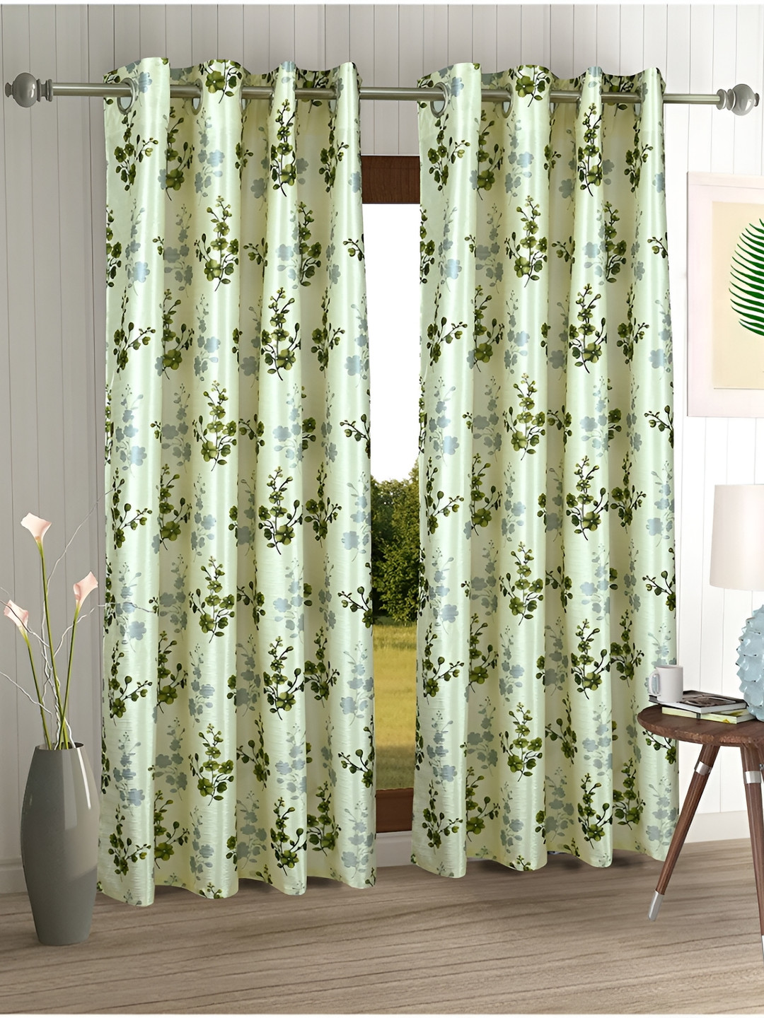 Aura White & Green 2 Pieces Floral Door Curtains