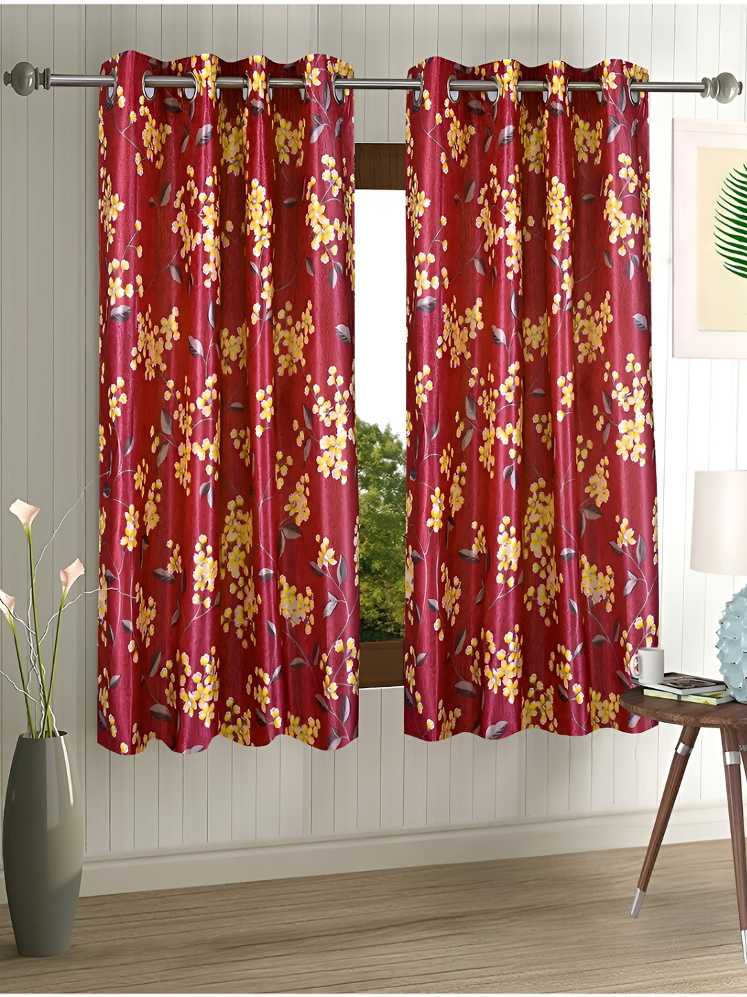 Aura Red & Yellow 2 Pieces Floral Window Curtains