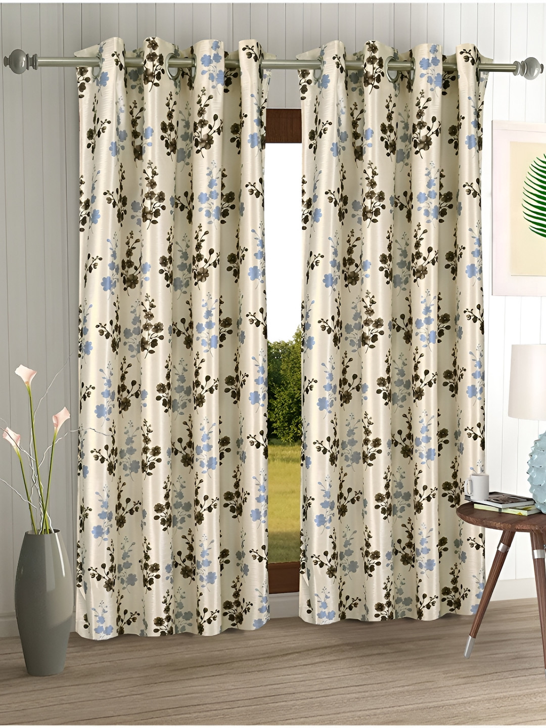 Aura Cream-Coloured & Brown 2 Pieces Floral Printed Eyelet Door Curtains