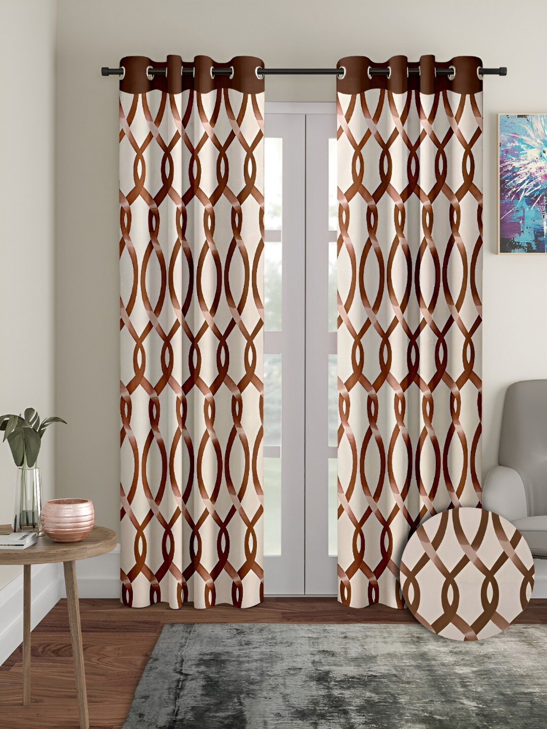 Aura Brown & Cream Coloured 2 Pieces Geometric Door Curtains
