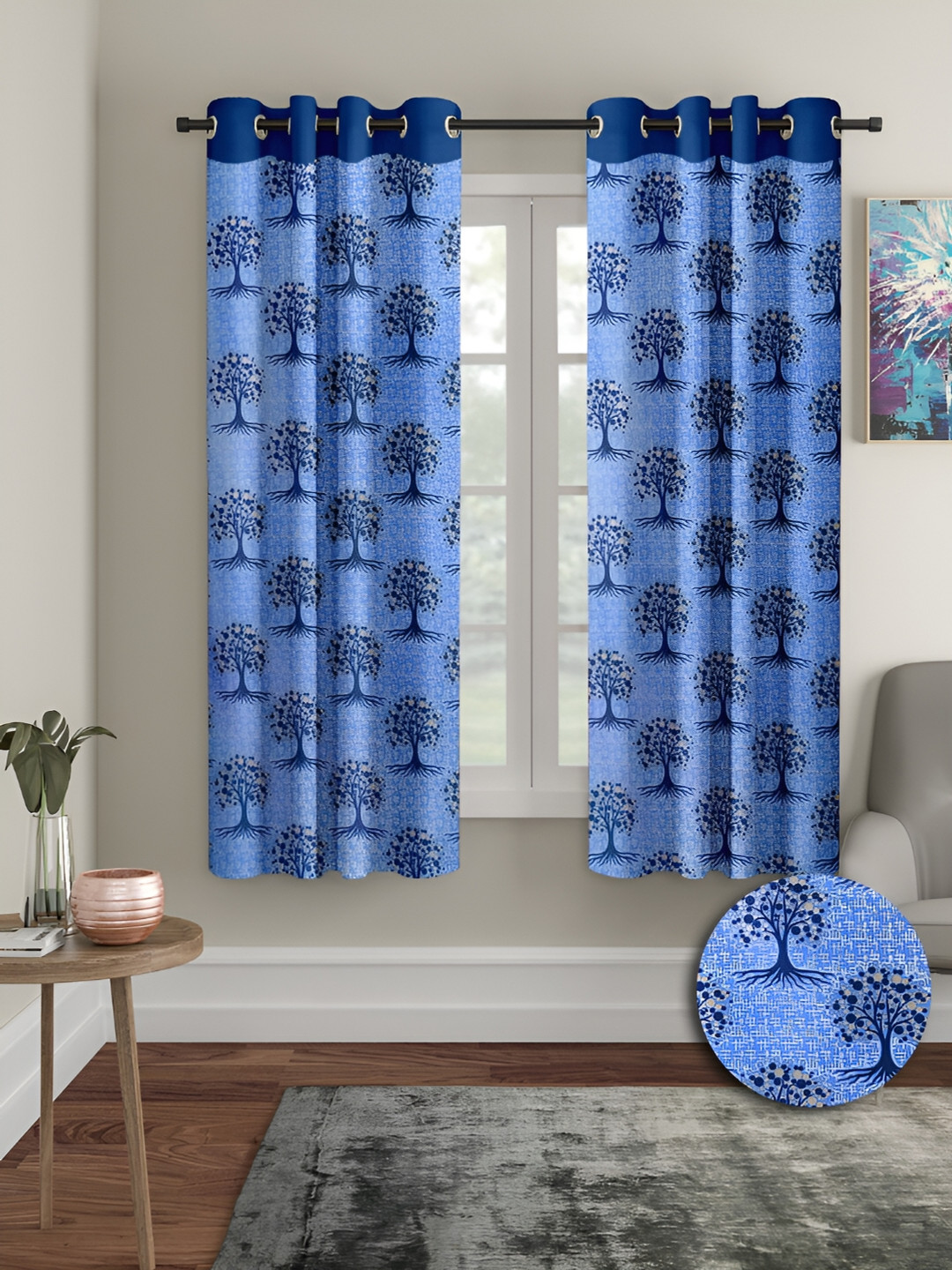 Aura Blue 2 Pieces Floral Window Curtains