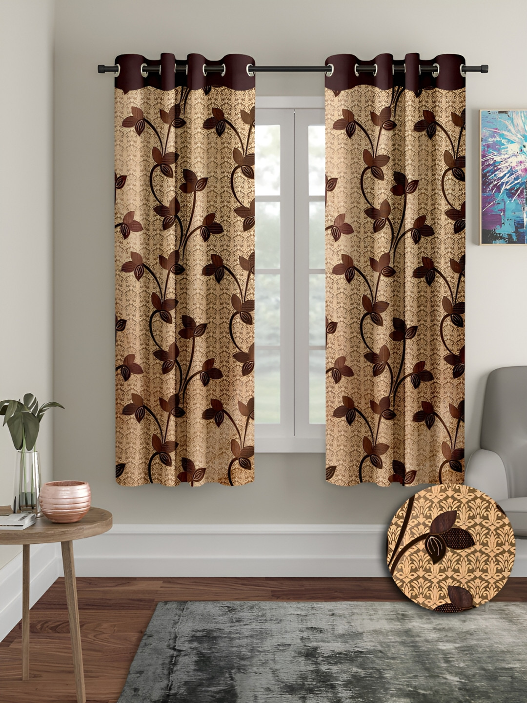 Aura Brown 2 Pieces Floral Window Curtains