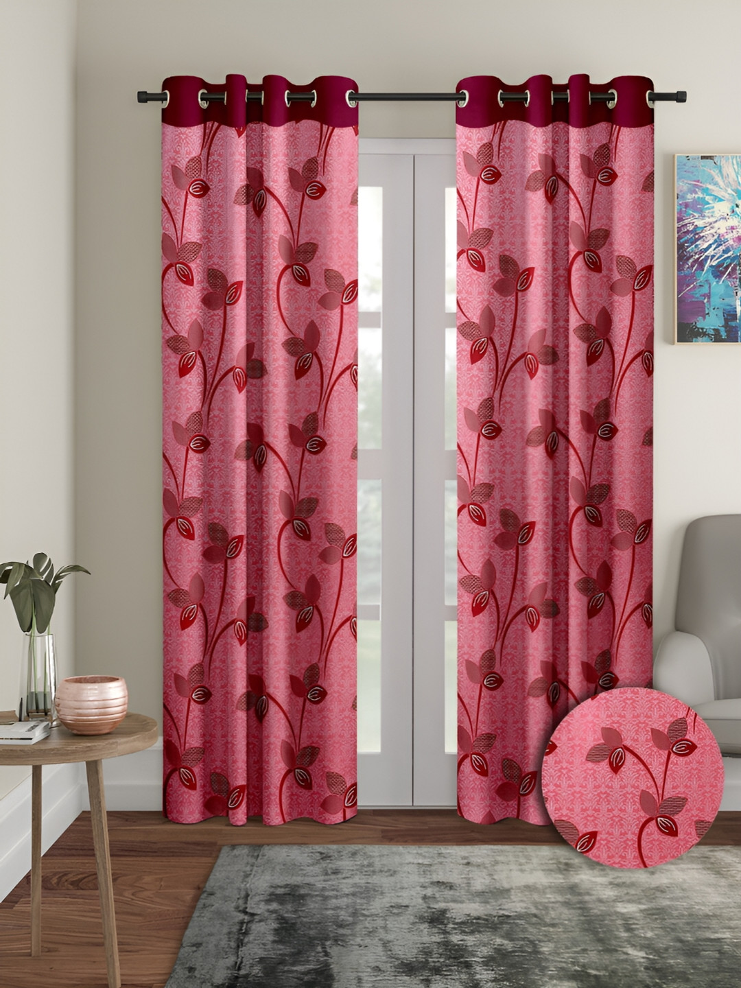 Aura Pink & Red 2 Pieces Floral Regular Long Door Curtains
