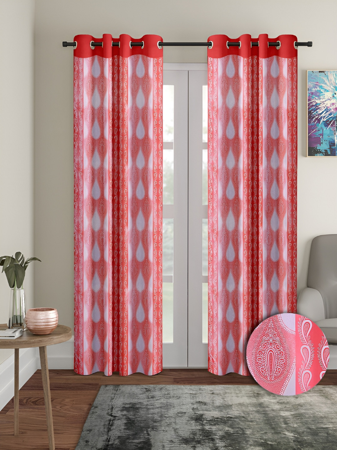 Aura Red & White 2 Pieces Ethnic Motifs Long Door Curtains