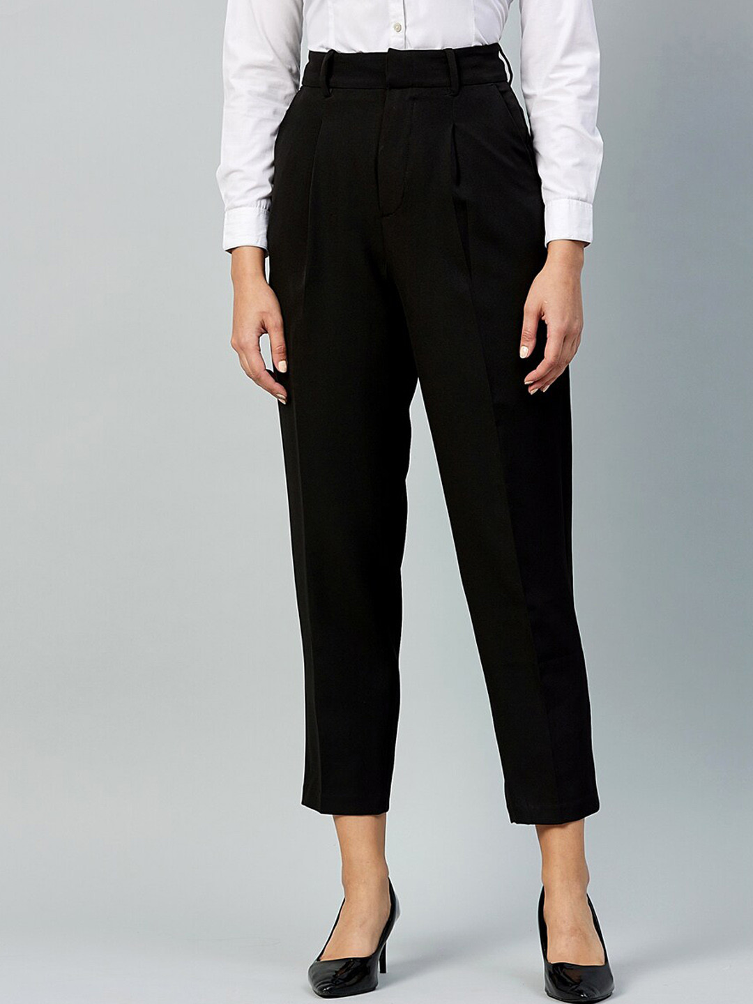 DELAN Women Relaxed Slim Fit High-Rise Easy Wash Pleated Formal Trousers