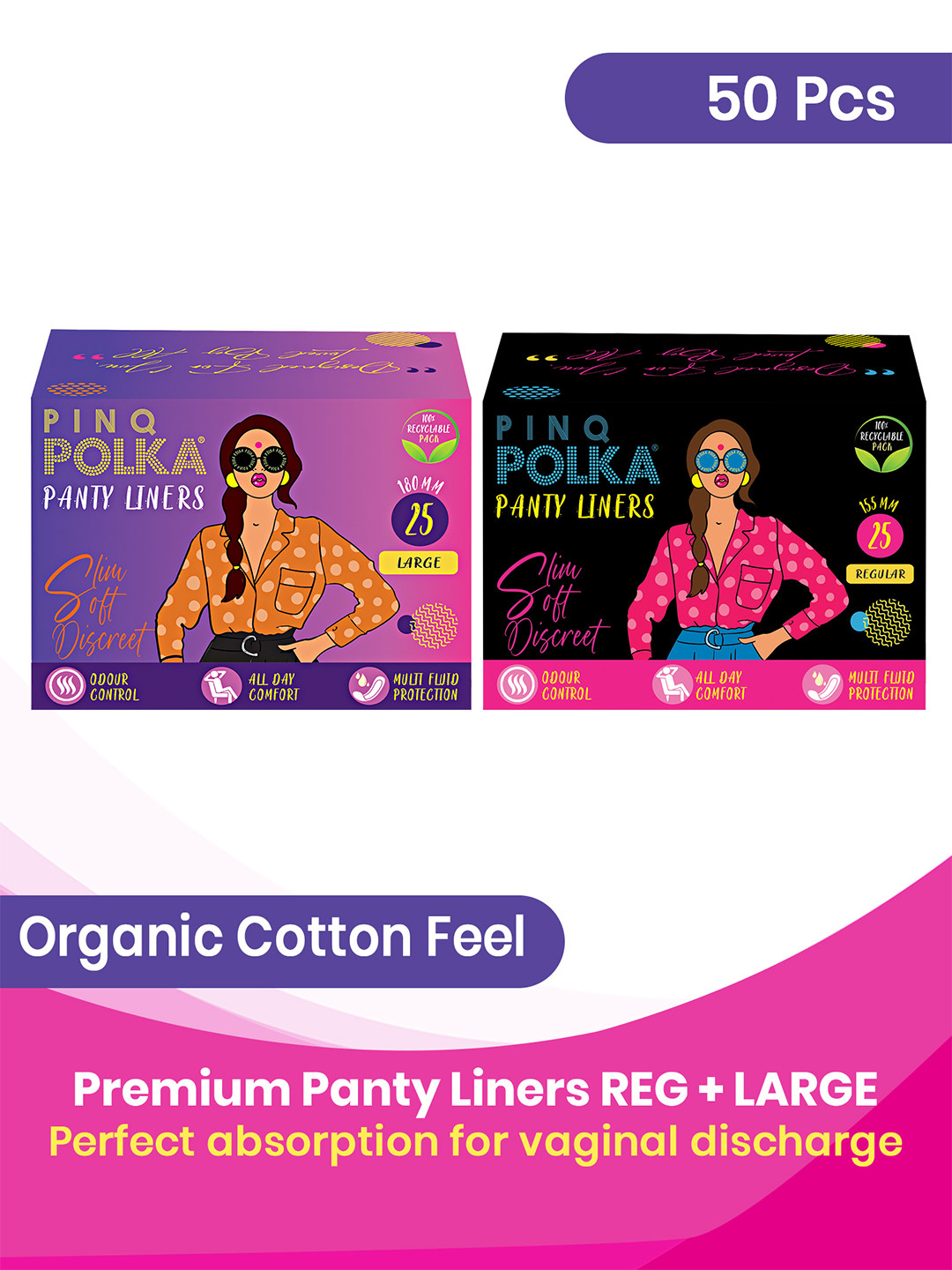 PINQ POLKA Set of 2 Premium Organic Ultra Thin Regular & Large Pantyliners  - 25 Pcs Each