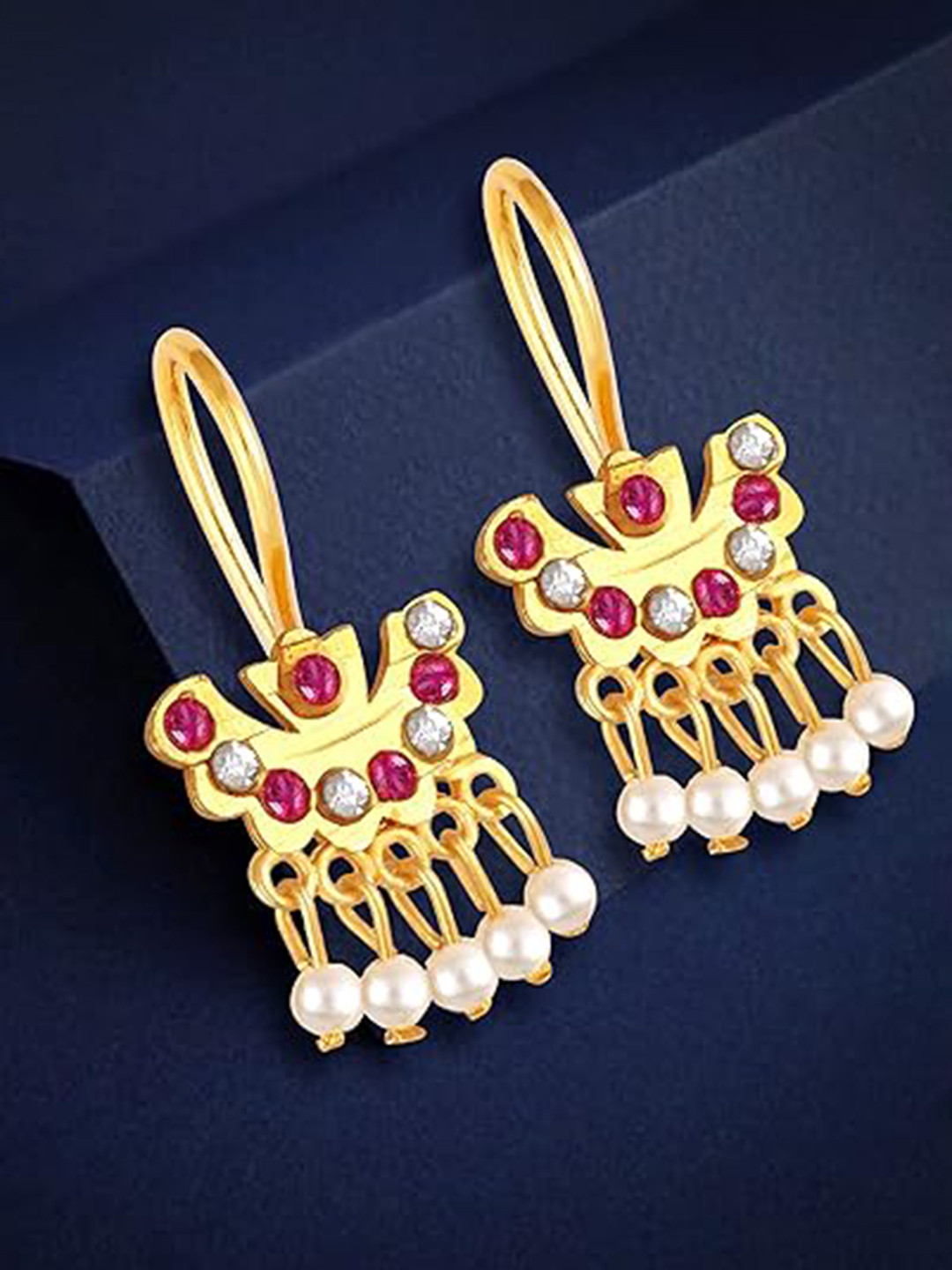 Vighnaharta Gold-Plated Cubic Zirconia-Stidded & Beaded Drop Earrings