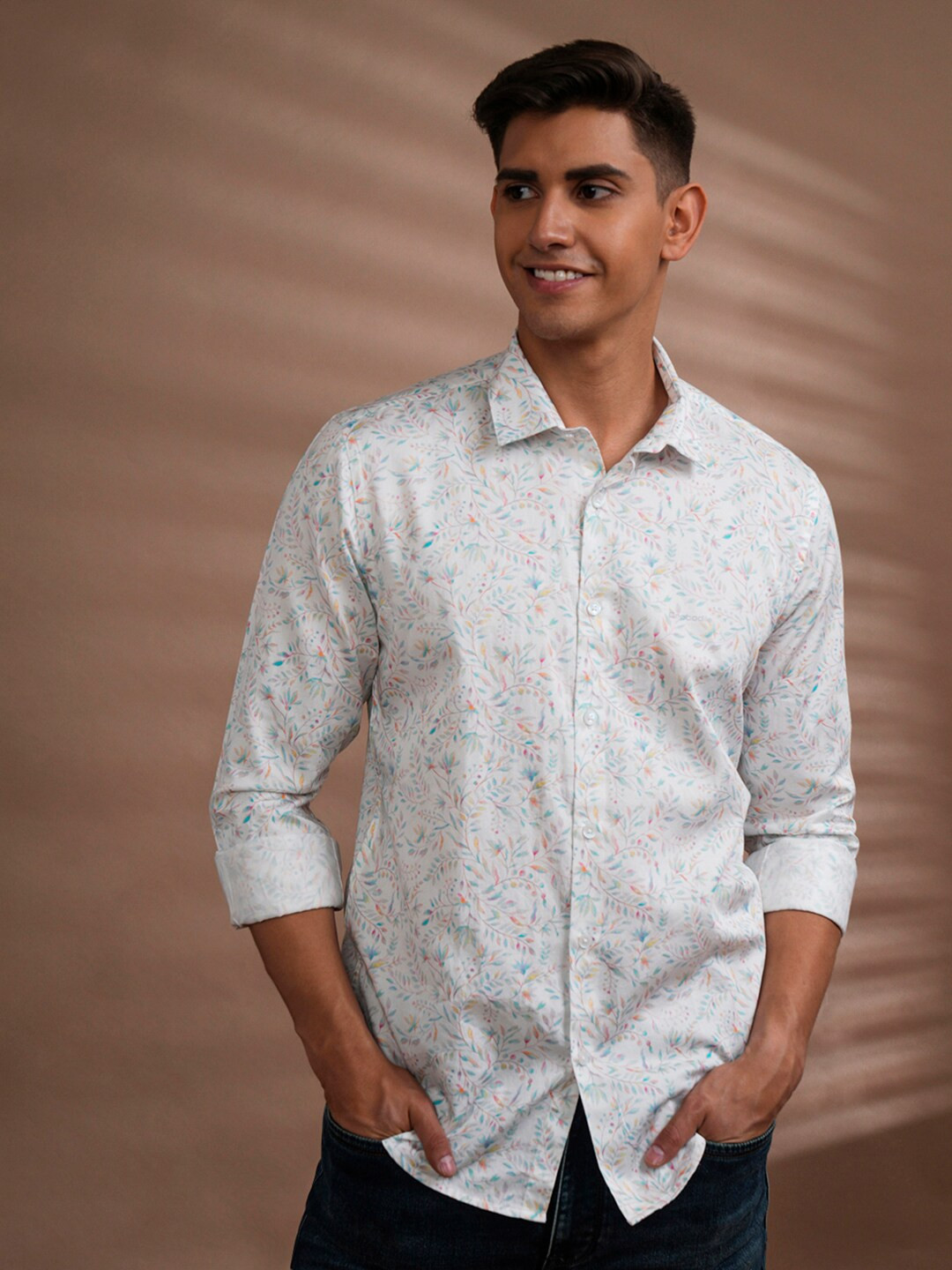 Crocodile India Slim Floral Printed Spread Collar Cotton Casual Shirt