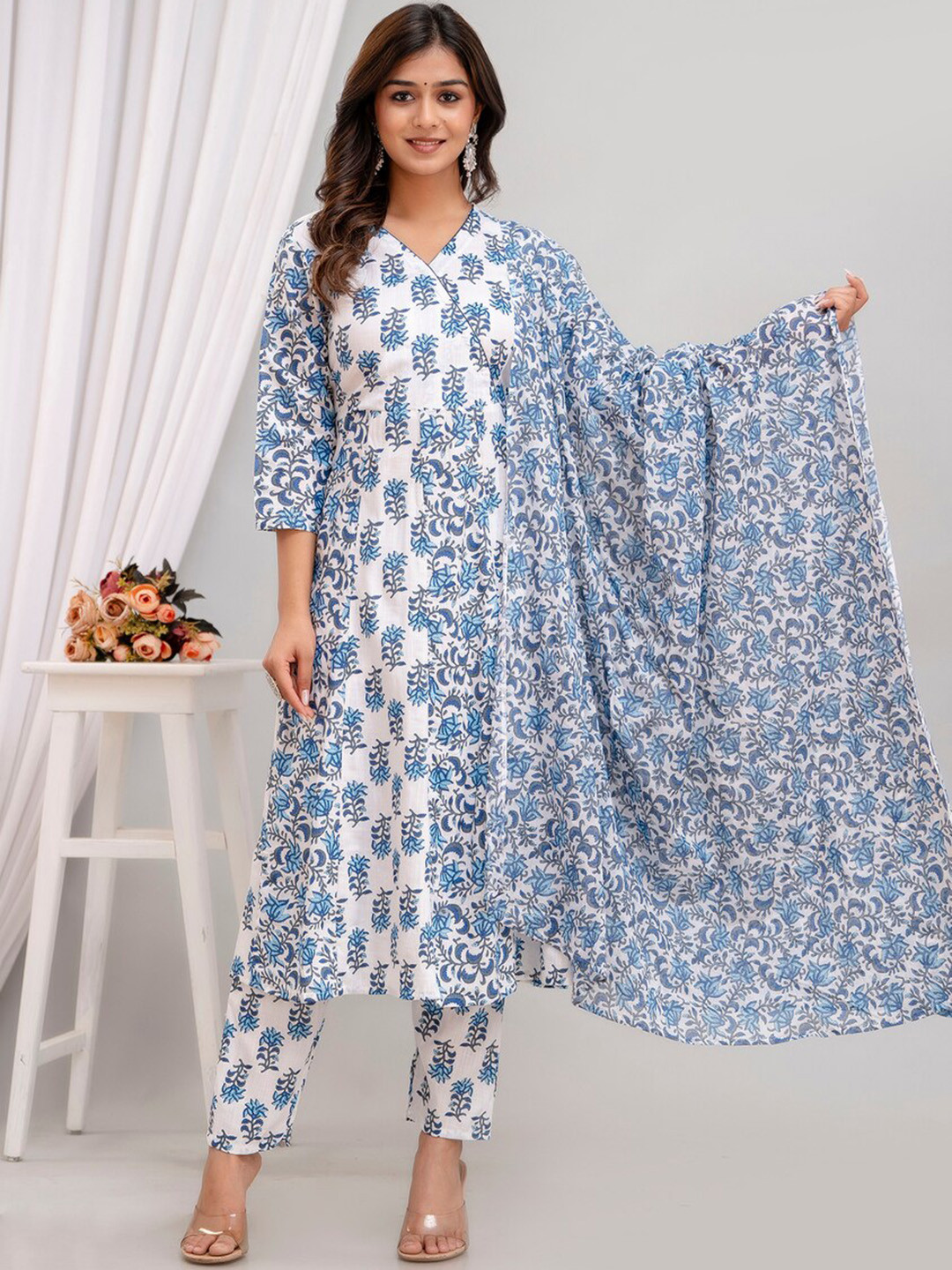 BAIRAJ Floral Printed Anarkali Kurta with Trousers & With Dupatta