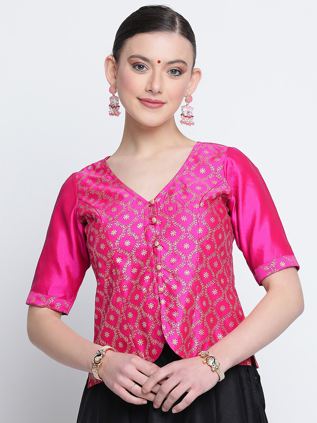 studio rasa Ethnic Motifs Block Printed Button Down Saree Blouse