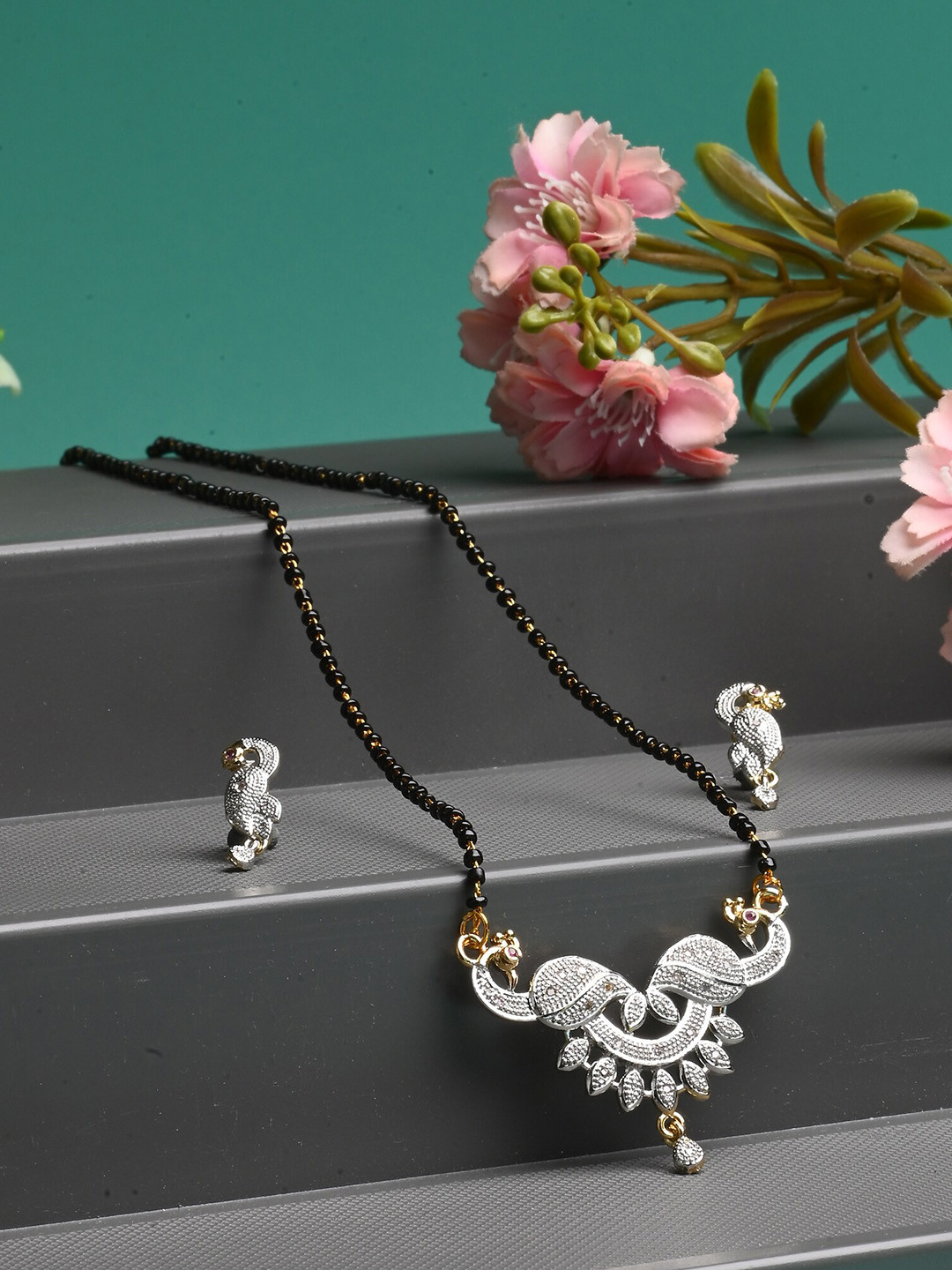 AanyaCentric Gold-Plated American Diamond Mangalsutra With Earrings