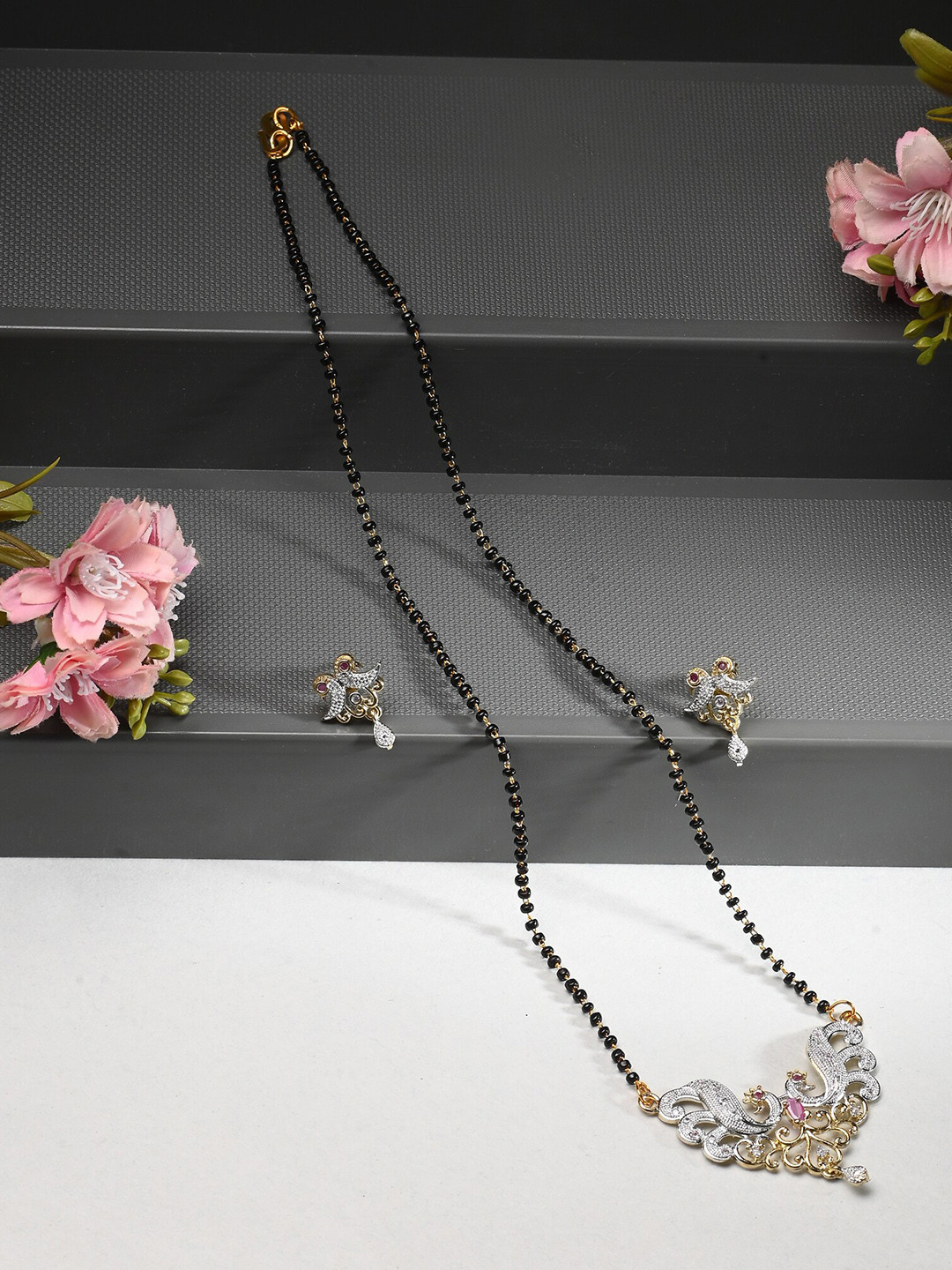 AanyaCentric Gold-Plated American Diamond Mangalsutra With Earrings