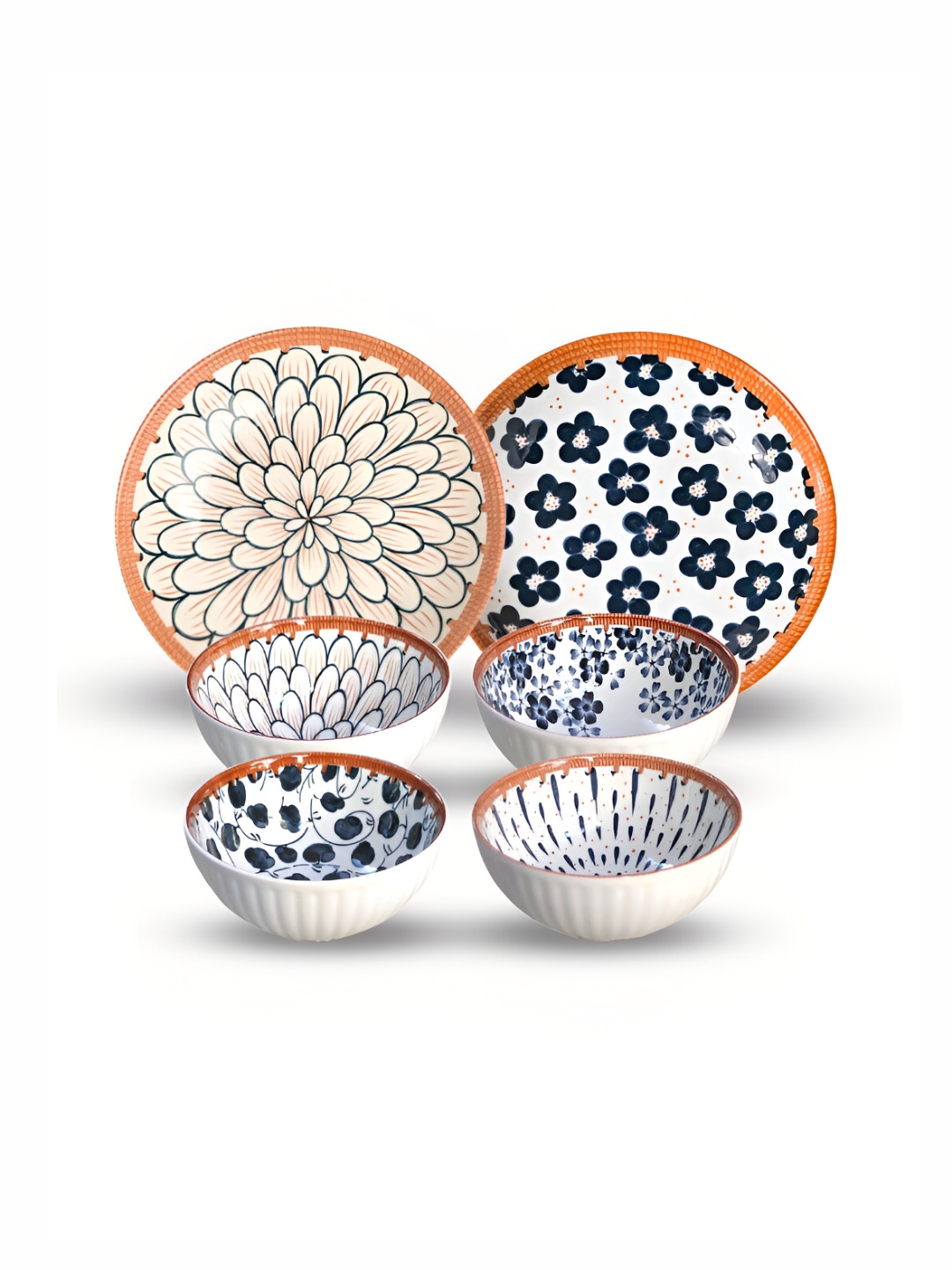 UniKart Japanese Ramen White Floral Porcelain Microwave Safe 6 Piece Dinner Set