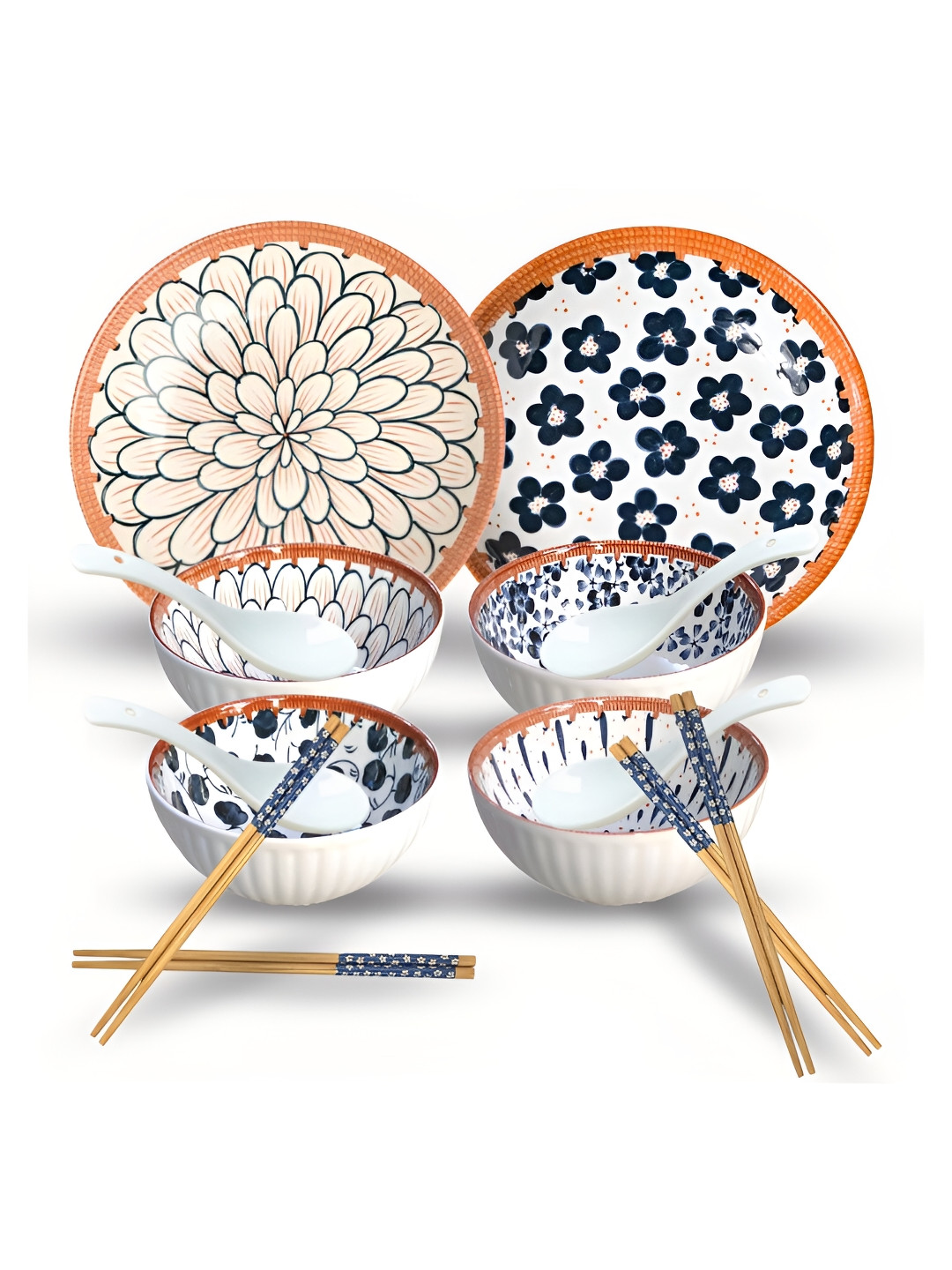 UniKart Japanese Ramen White Floral Porcelain Easy to Clean 14 Piece Dinner Set