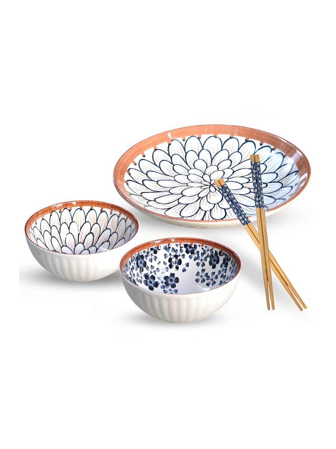 UniKart Japanese Ramen White Floral Porcelain Easy to Clean 5 Piece Dinner Set