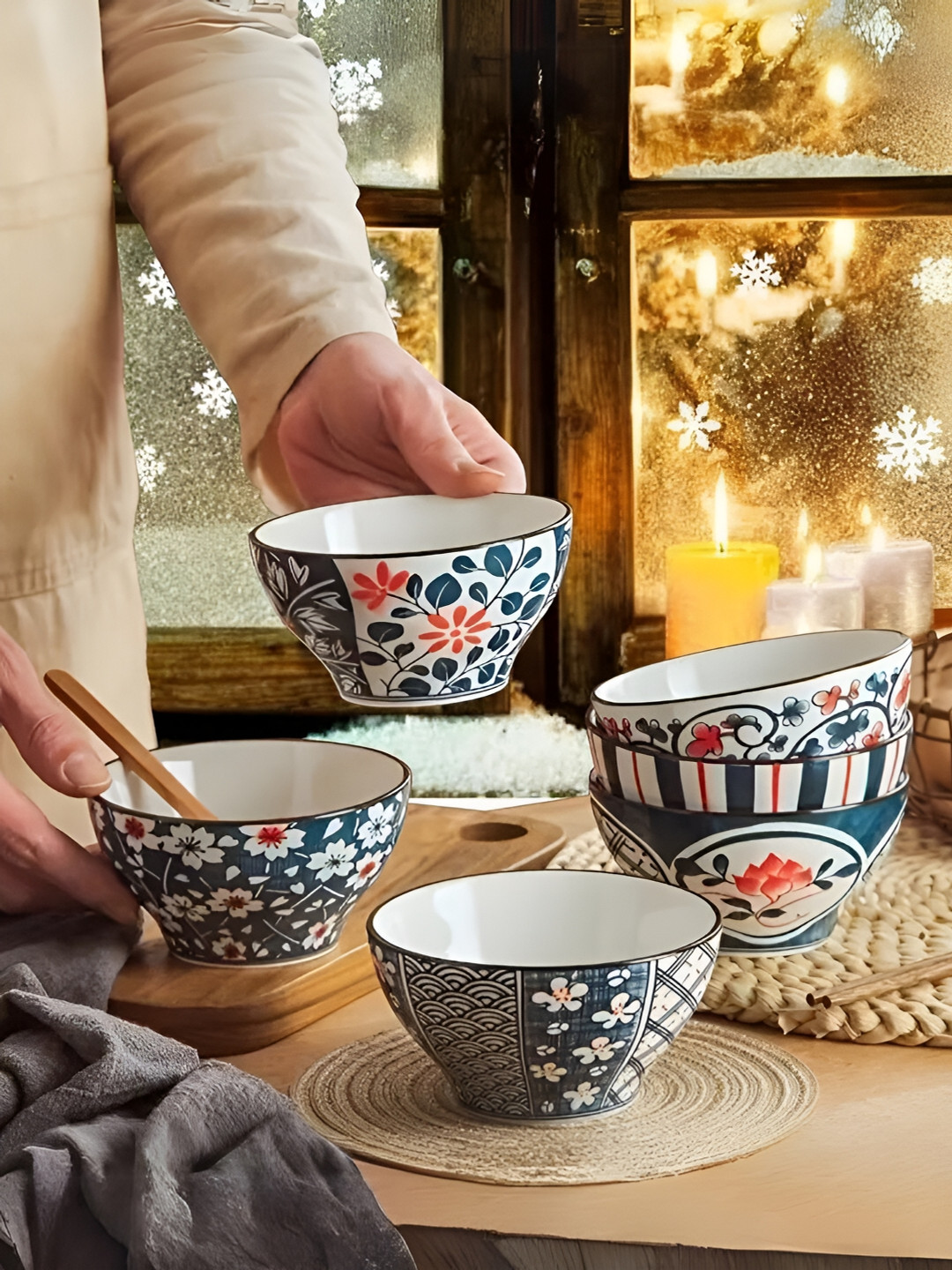 UniKart White 4 Pieces Printed Porcelain Soup Bowls 300 ml Each