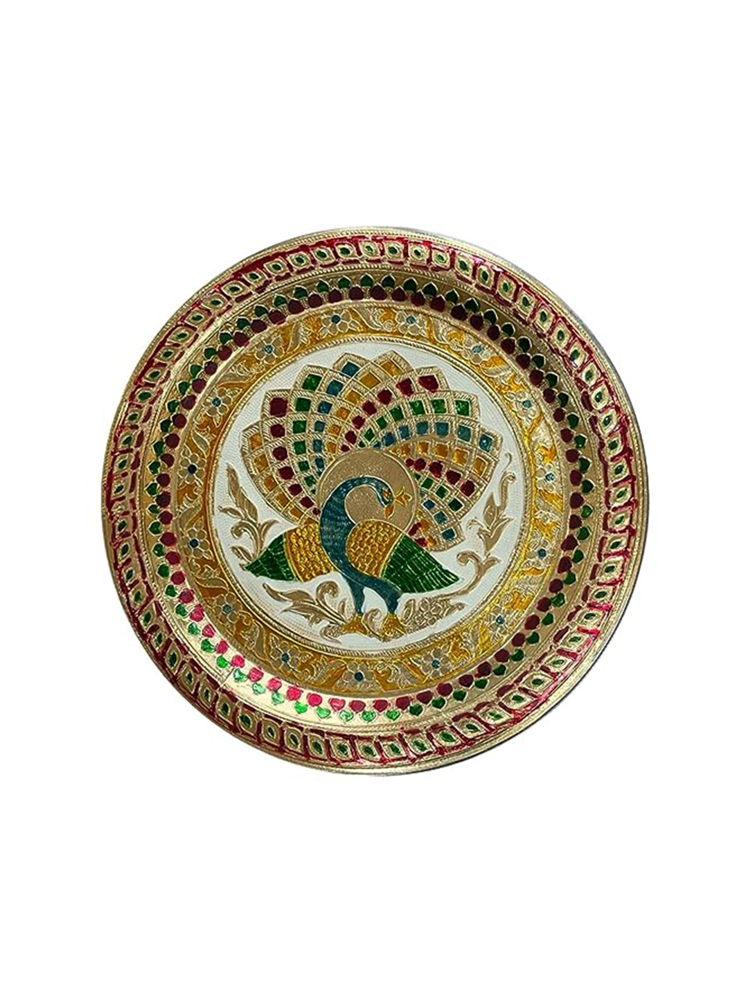 PUFFSMART Green & Gold toned Metal Pooja Aarti thali
