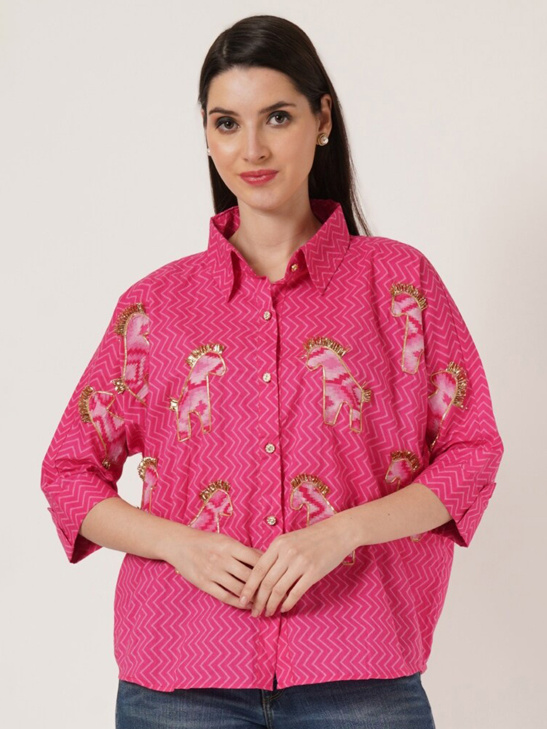 KALINI Classic Fit Chevron Printed Patchwork Puff Sleeves Casual Jaipuri Cotton Shirt