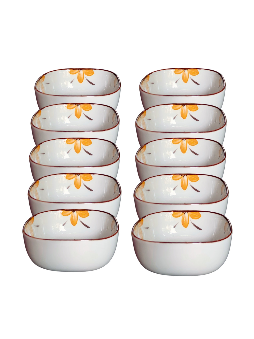 UniKart White & Yellow 10 Pieces Floral Printed Glossy Bowls 200 ml Each