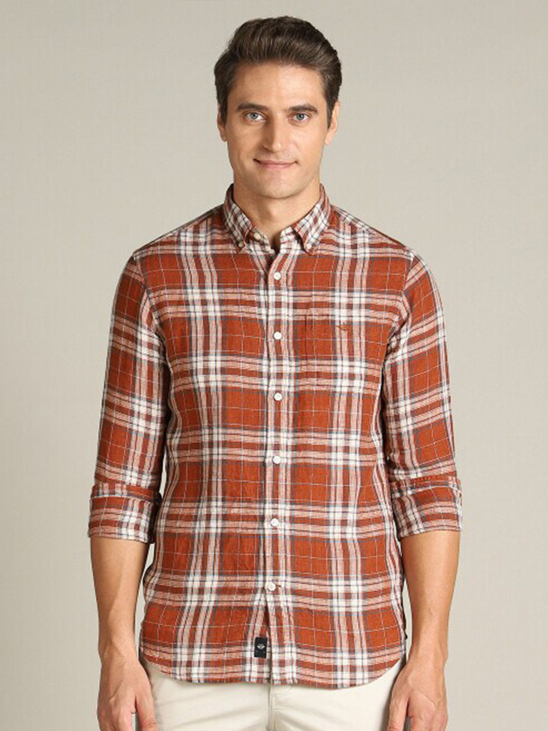 Dockers Tartan Checked Button Down Collar Twill Weave Linen Casual Shirt