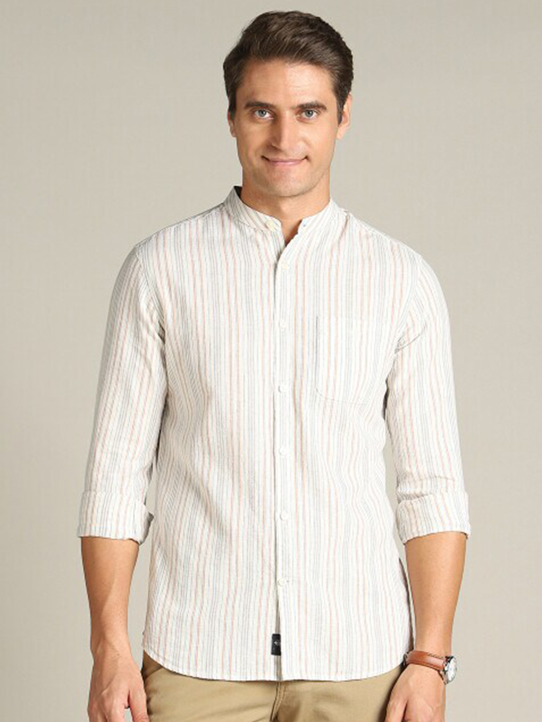 Dockers Vertical Striped Band Collar Long Sleeves Cotton & Linen Classic Fit Casual Shirt