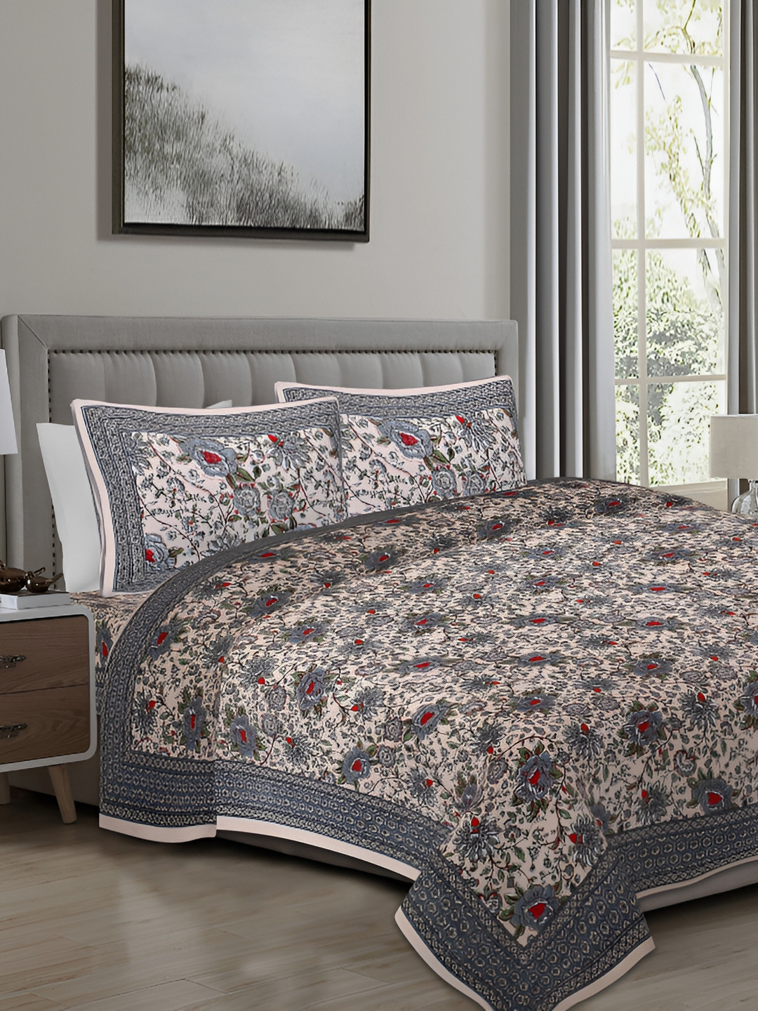 Texstylers Peach Floral Cotton 250 TC King Fine Bedsheet with 2 Pillow Covers-108 x 108 inches