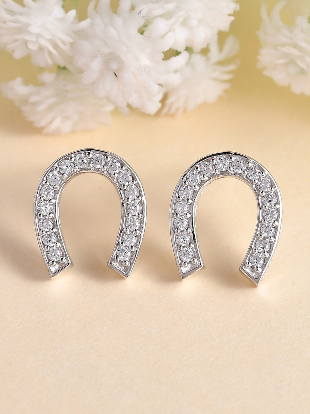 Ornate Jewels 925 Sterling Silver American Diamonds Lucky Horseshoe Studs Earrings