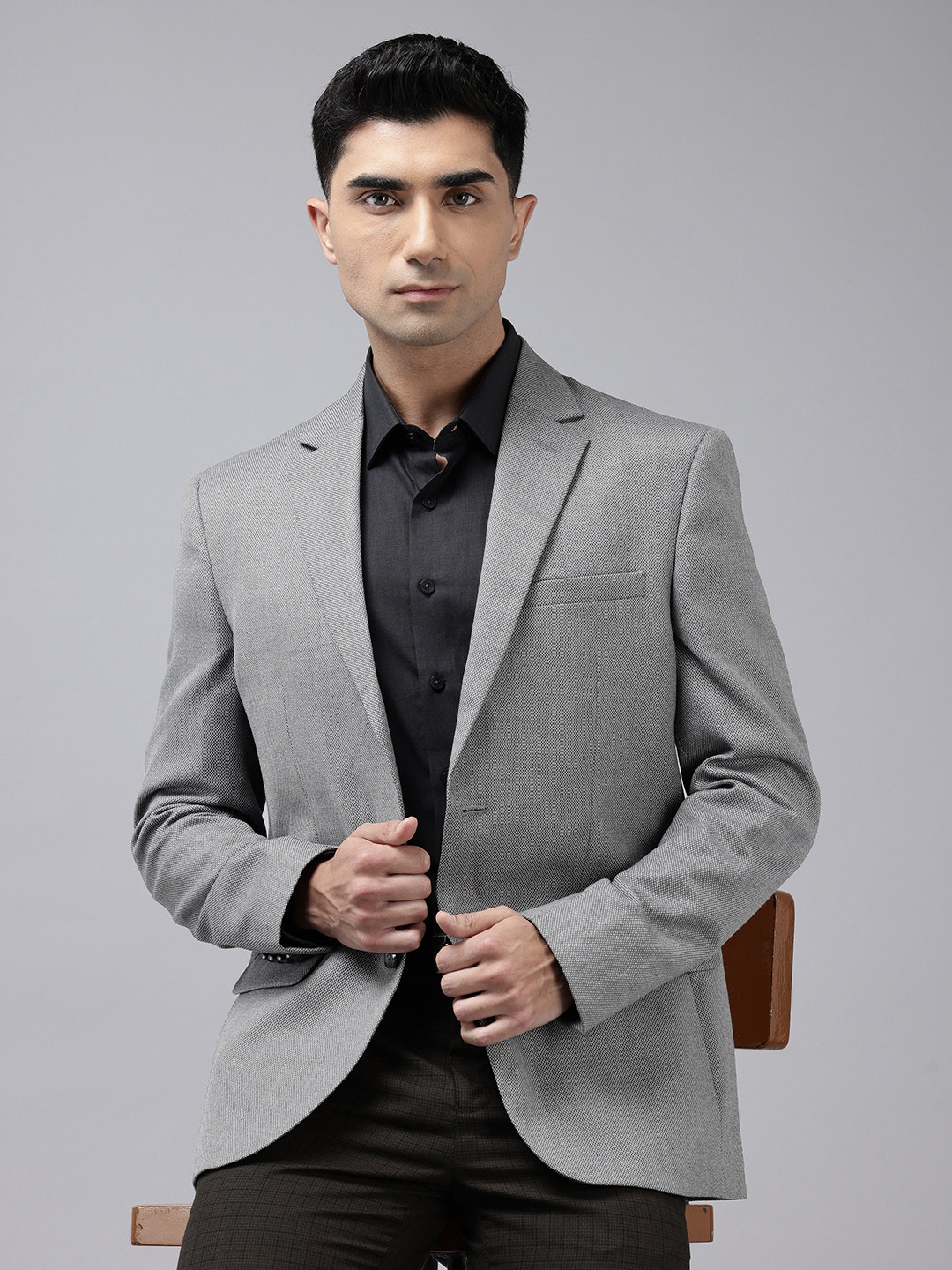 Park Avenue Self Design Notched Lapel Single-Breasted Formal Blazer