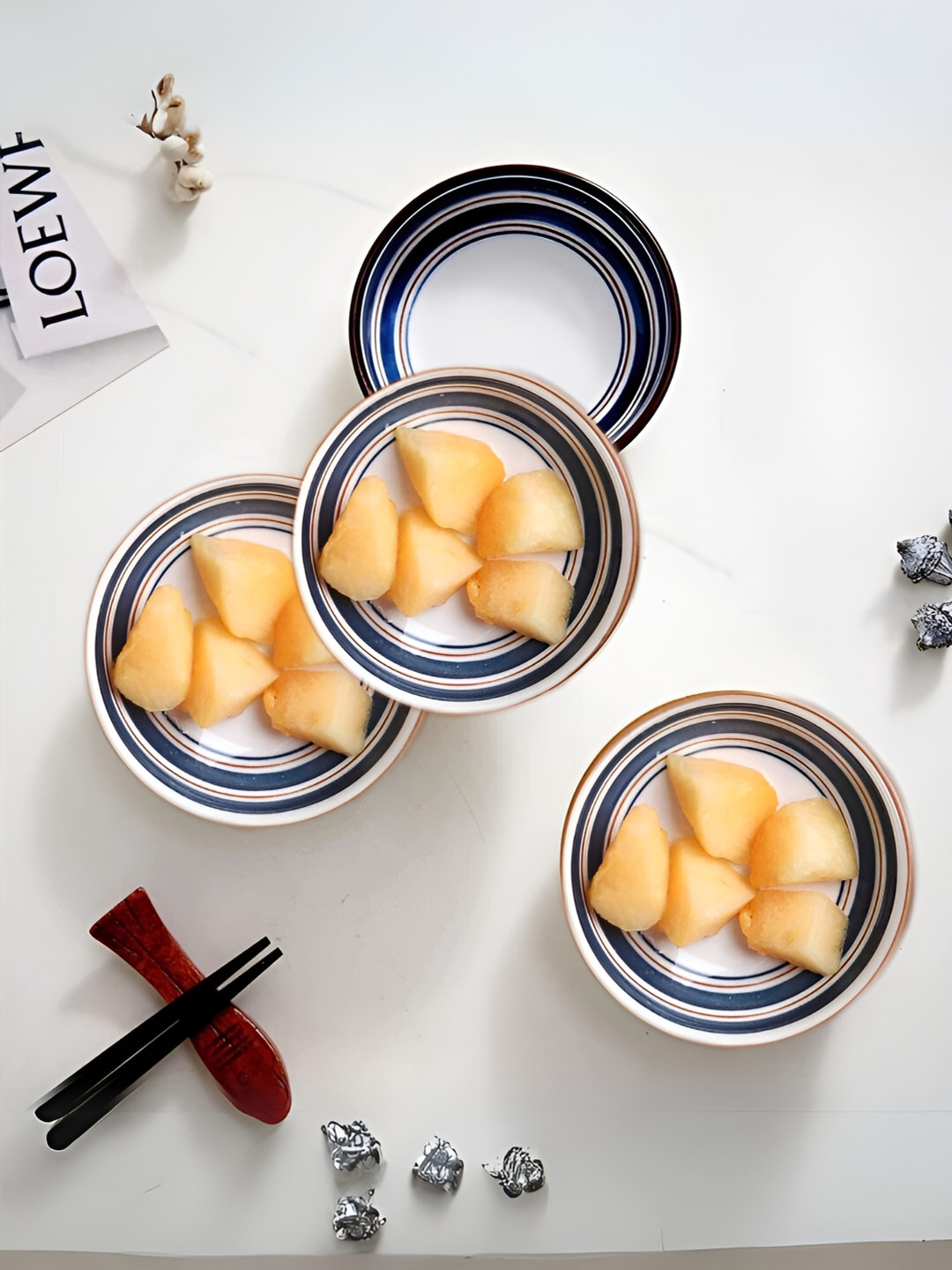 UniKart Blue & White 8 Pieces Printed Porcelain Glossy Sauce Plate