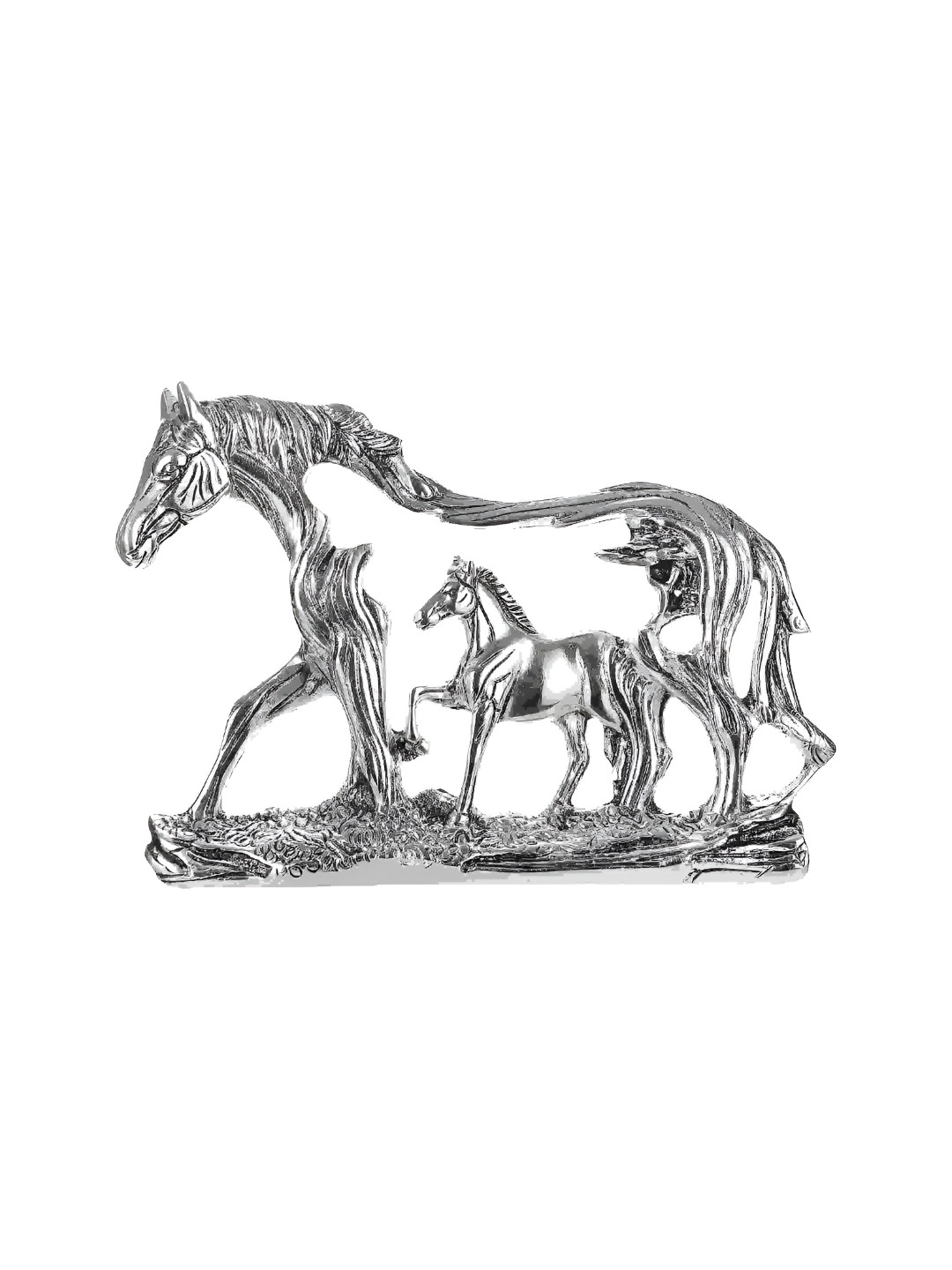 NM Horse with Baby Horse Silver Aluminium Metallic Living Room Small Showpiece - 7.5 Inches
