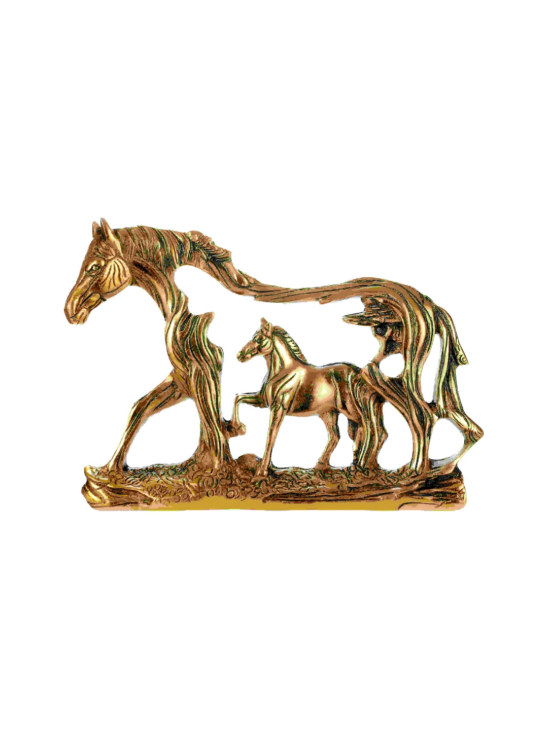NM Horse with Baby Horse Gold Aluminium Metallic Garden Small Showpiece - 7.5 Inches