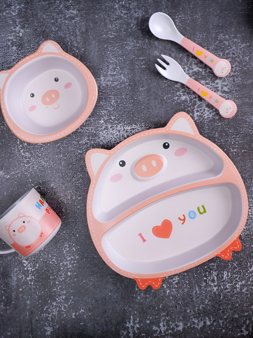 THE BAMBOO CO Plumpy Pig Bamboo Kids/Baby Feeding Peach Cartoon Characters Food Safe 5 Piece Dinner Set