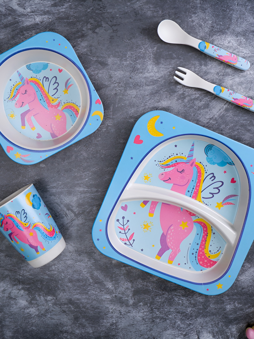 THE BAMBOO CO Sky Uncicorn Bamboo Kids/Baby Feeding Blue Cartoon Characters Food Safe 5 Piece Dinner Set