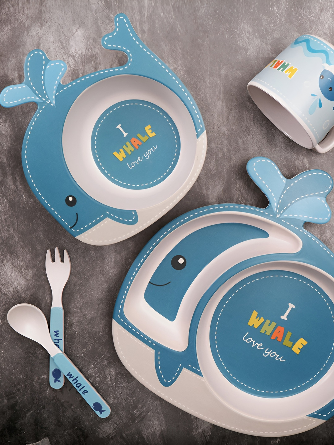 THE BAMBOO CO Witty Whale Bamboo Kids/Baby Feeding Blue Cartoon Characters Food Safe 5 Piece Dinner Set