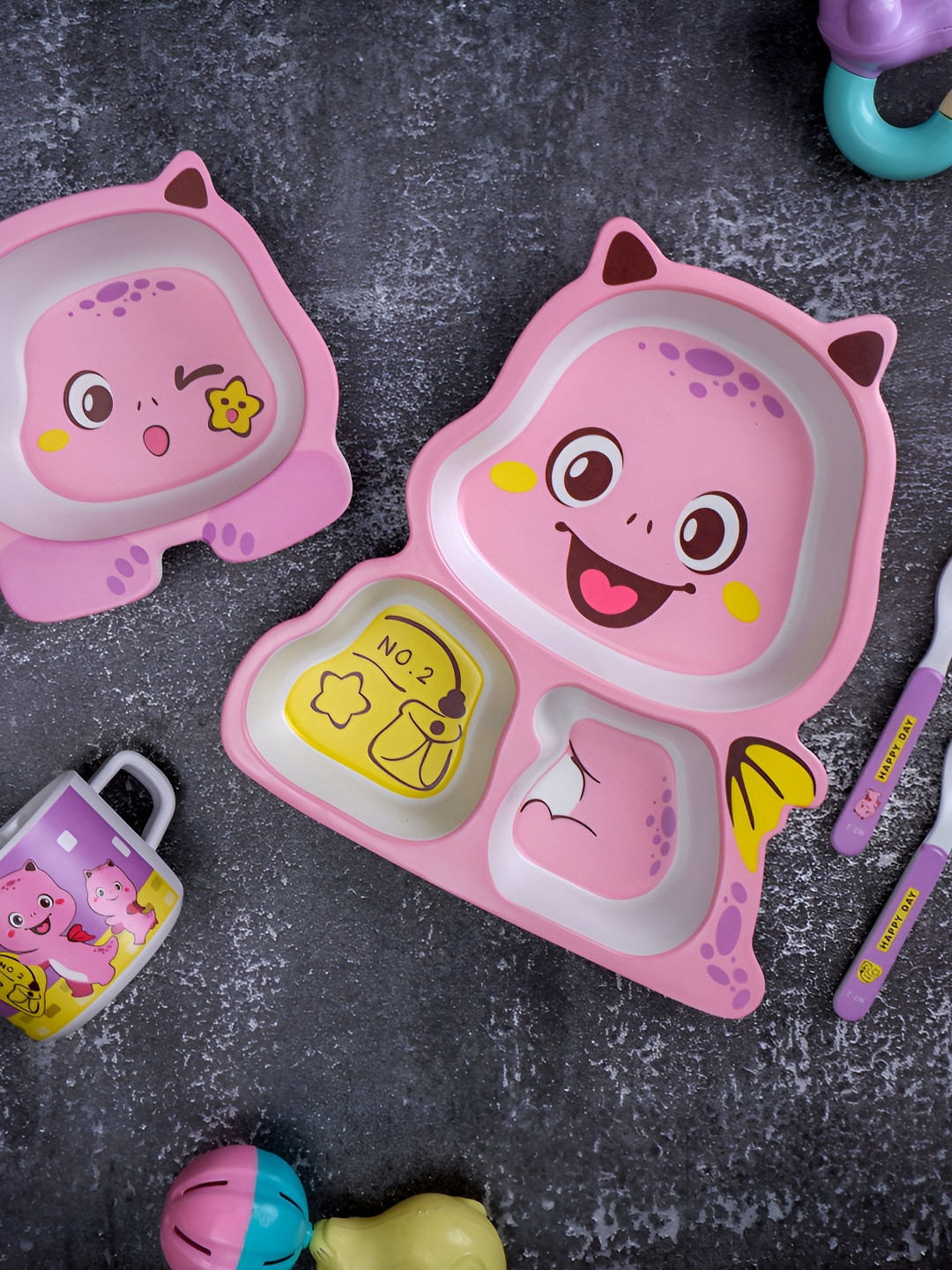 THE BAMBOO CO Pink Pterosaur Bamboo Kids/Baby Feeding Animal Print Bamboo Easy to Clean 5 Piece Dinner Set