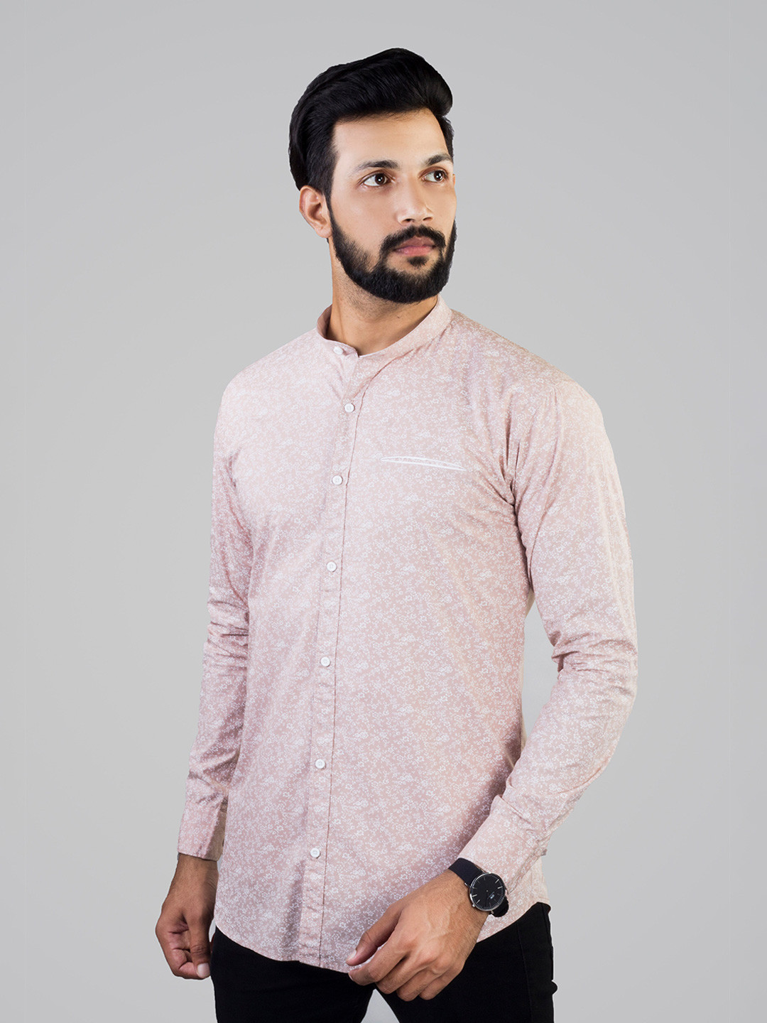 INDIAN THREADS Comfort Floral Printed Mandarin Collar Cotton Casual Shirt