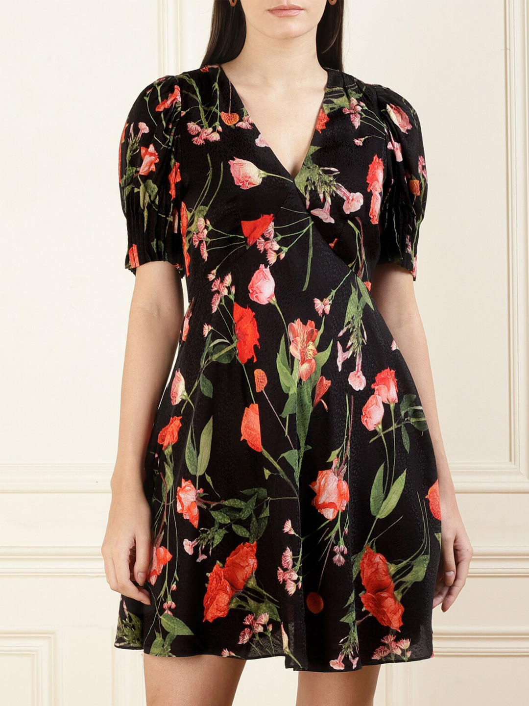 Ted Baker Floral Printed Puff-Sleeves Fit & Flare Mini Dress