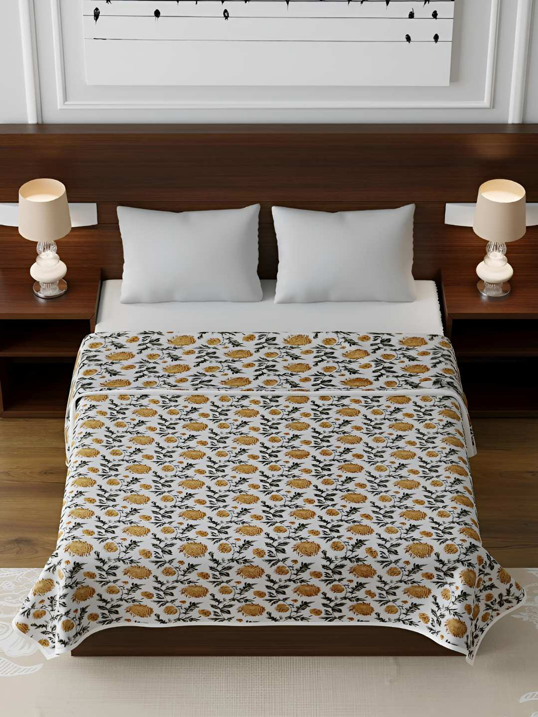 tundwal's Orange & White Floral AC Room 210 GSM Single Bed Dohar