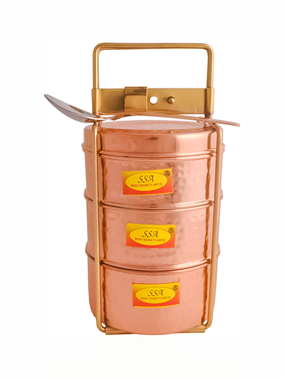 Shivshakti Arts Solid Copper Dishwasher Safe 3PCs Lunch Box With Spoon and Fork