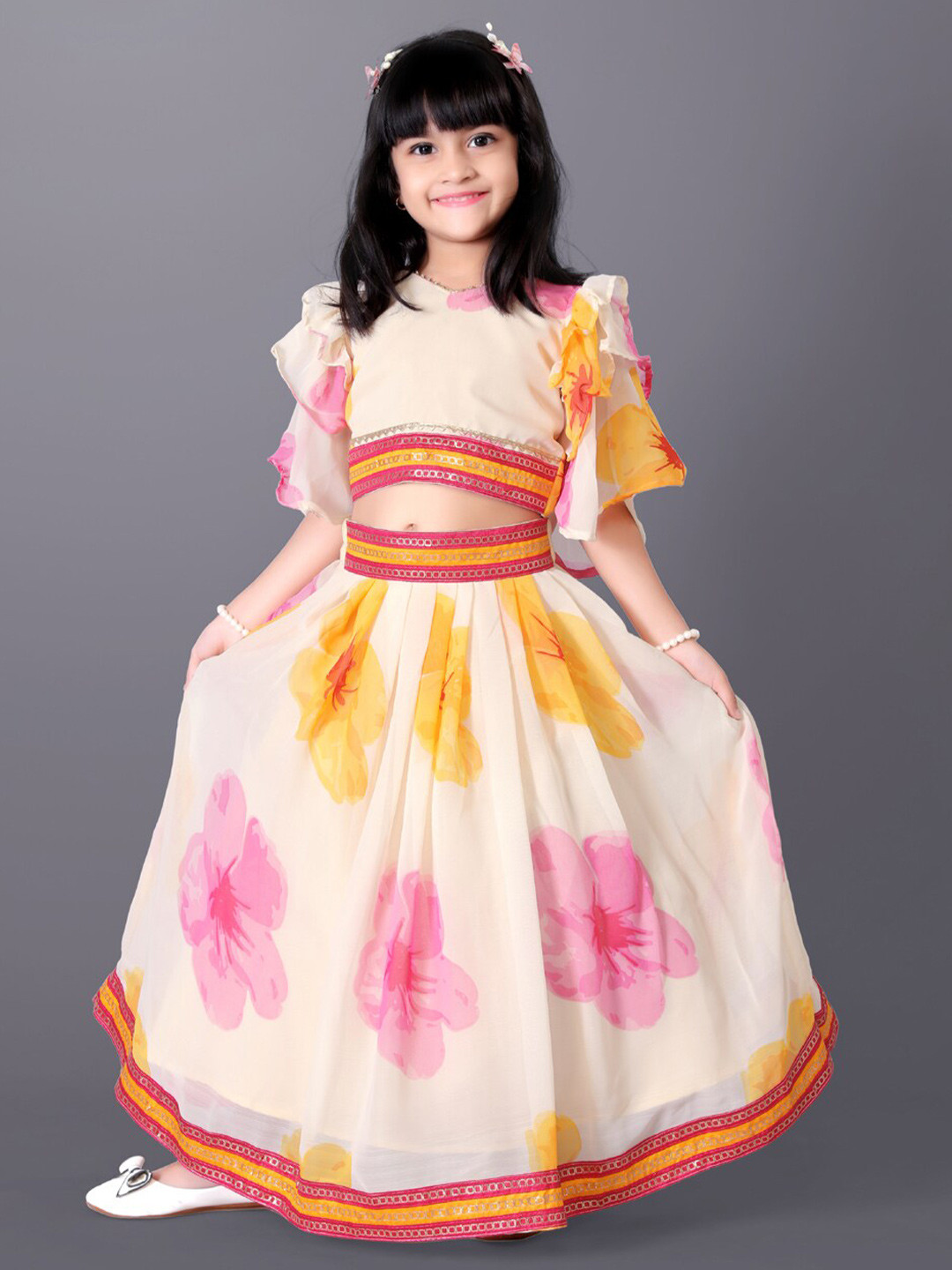 BAESD Girls Printed Flared Sleeves Silk & Georgette Ready to Wear Lehenga With Blouse