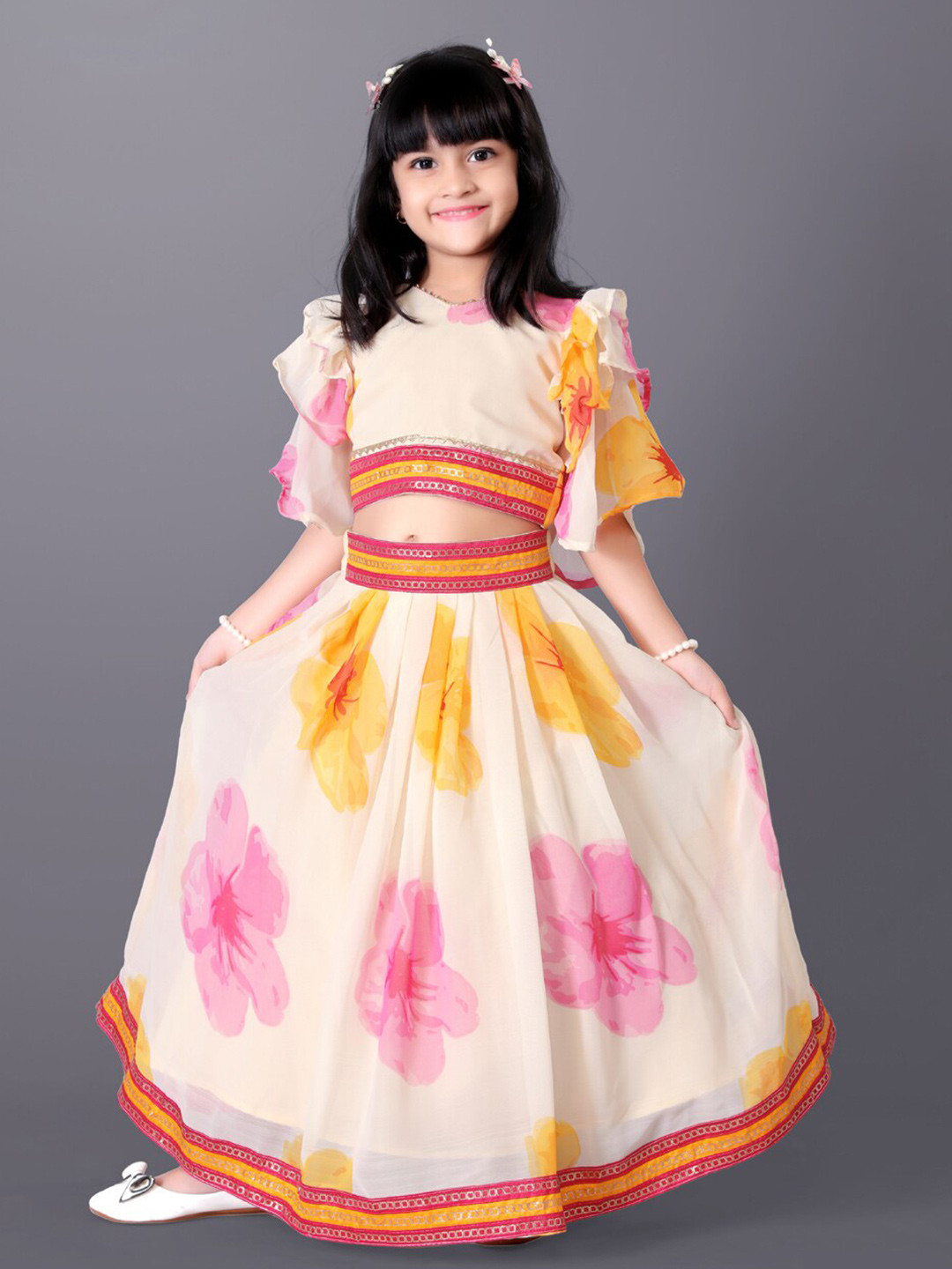 BAESD Girls Printed Flared Sleeves Silk & Georgette Ready to Wear Lehenga With Blouse